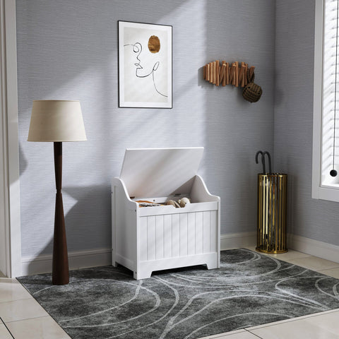 White wooden storage chest with hinged lid and safety hinge for home tidy in the homcom 61l storage chest