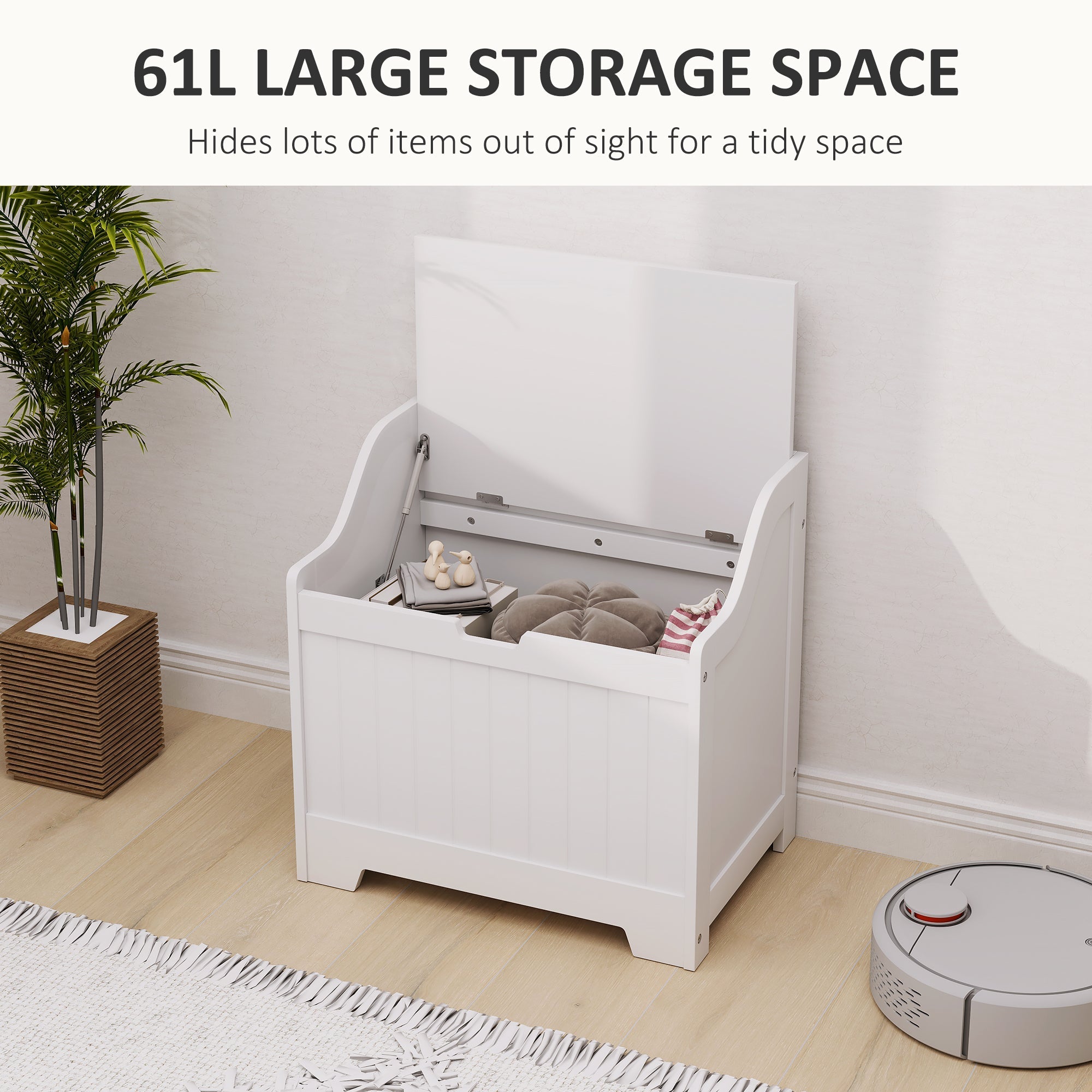 White wooden storage chest with hinged lid and safety hinge for home tidy 61l capacity by HOMCOM
