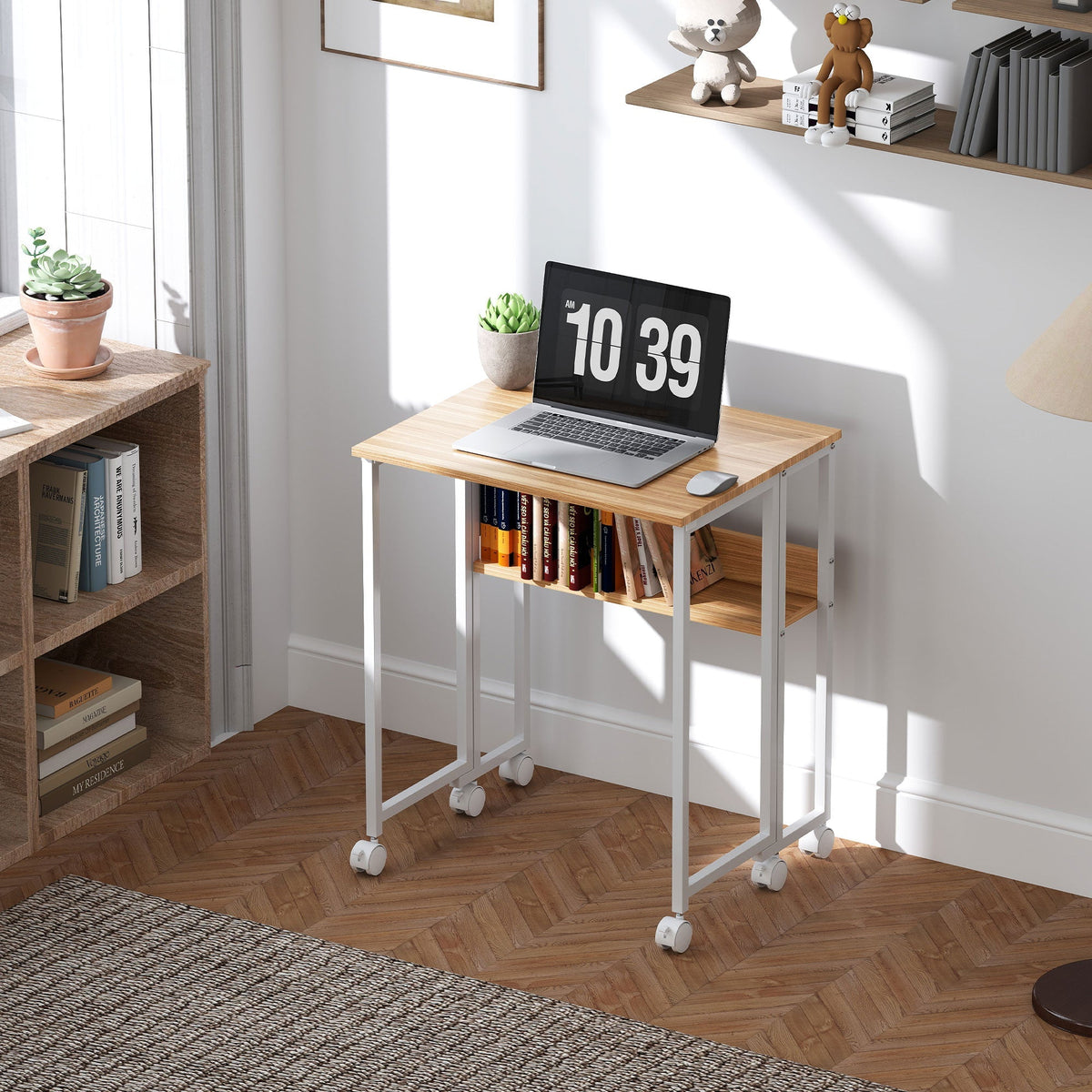 Homcom 63 cm drop leaf writing work desk with natural wood finish, light wood top, white metal legs, caster wheels, and lower shelf
