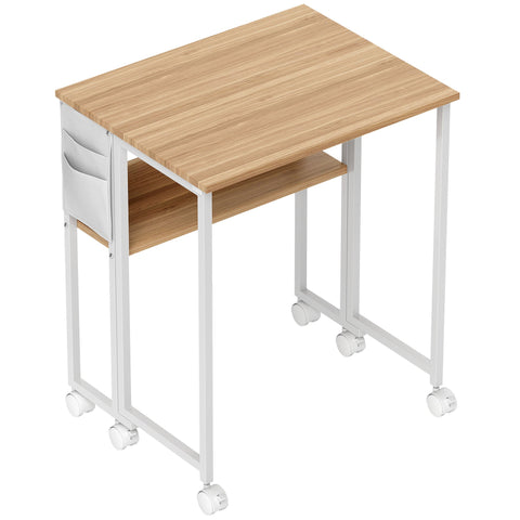 Homcom 63 cm drop leaf writing desk with natural wood finish, light wood-grain top, white metal legs, casters, and side pocket