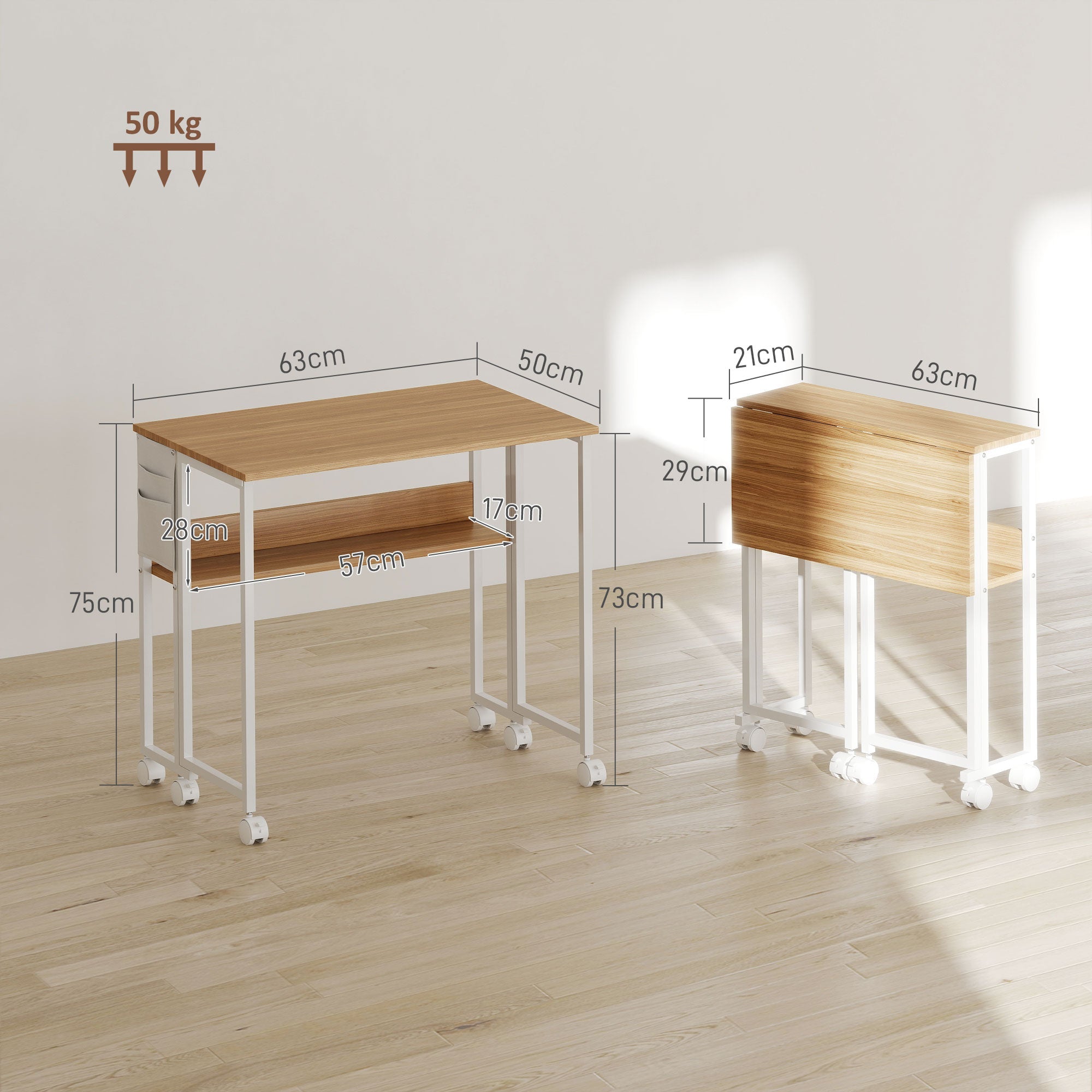 Two minimalist desks with natural wood finish and white metal frames one with drop leaf and lower shelf design