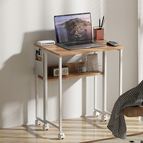 Wooden desktop drop leaf writing work desk with natural wood finish white metal legs and lower shelf on casters