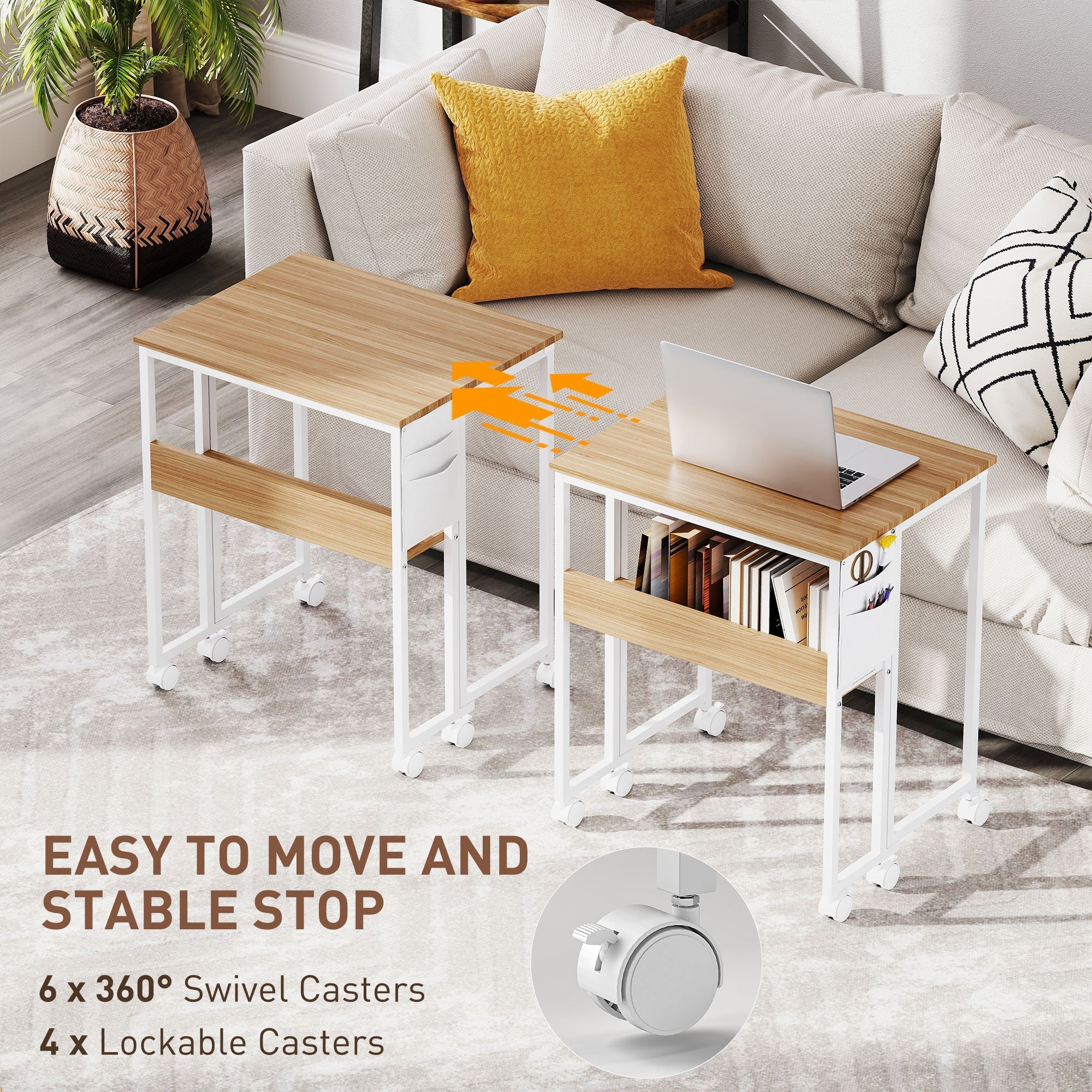 Homcom drop leaf writing desk with natural wood finish, white metal frame, wheels, and lower shelf for storage