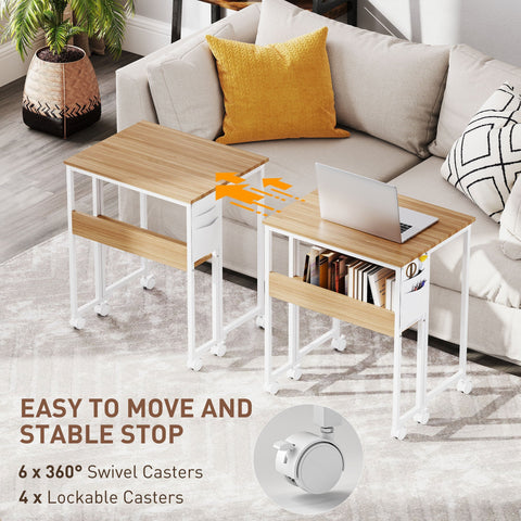 Homcom drop leaf writing desk with natural wood finish, white metal frame, wheels, and lower shelf for storage