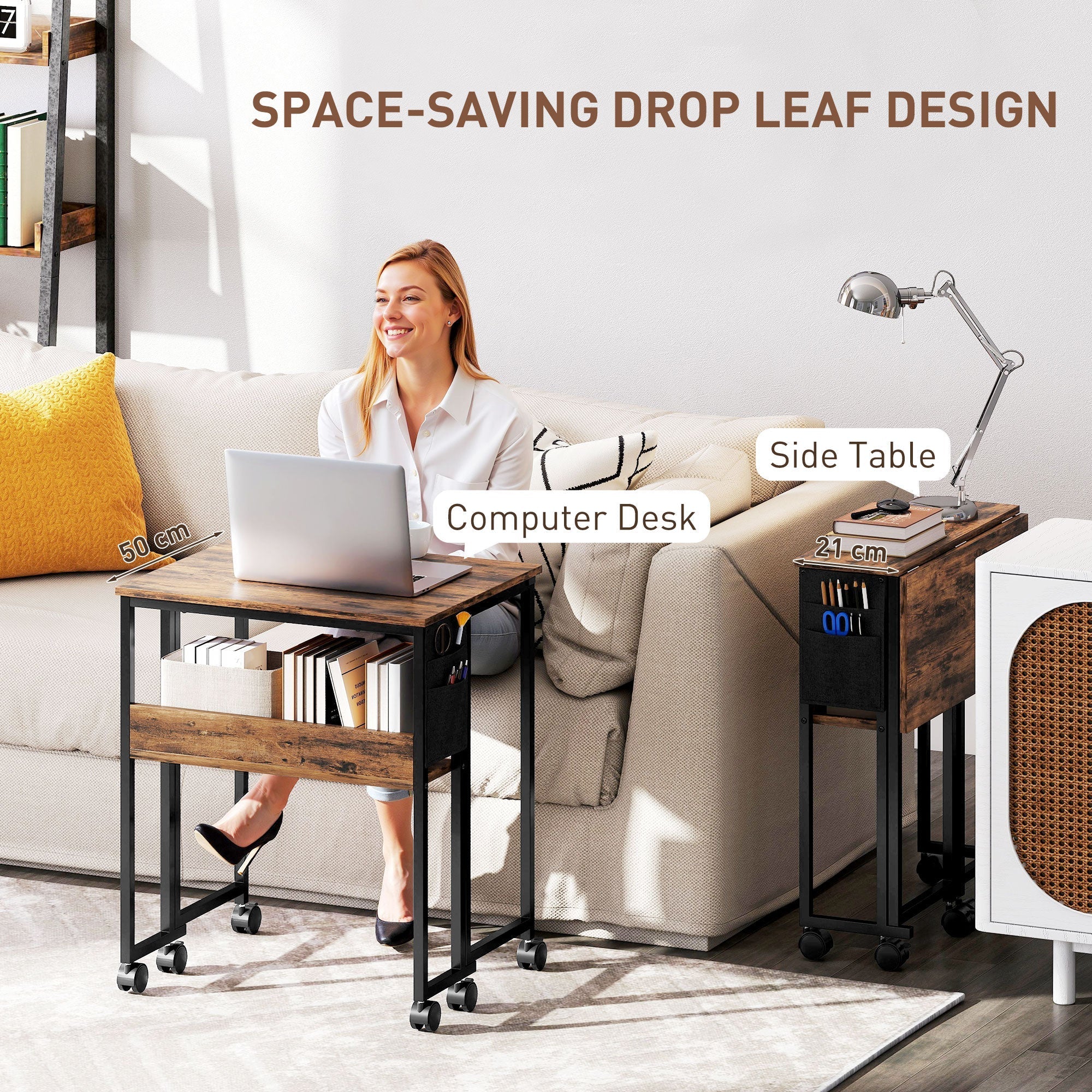 Black metal-framed homcom 63 cm drop leaf writing desk with rustic brown wood top rolling casters and lower shelf
