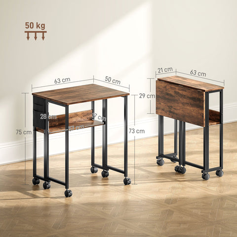 Industrial-style homcom drop leaf writing desk with rustic brown wooden top black metal frame and lower shelf on casters