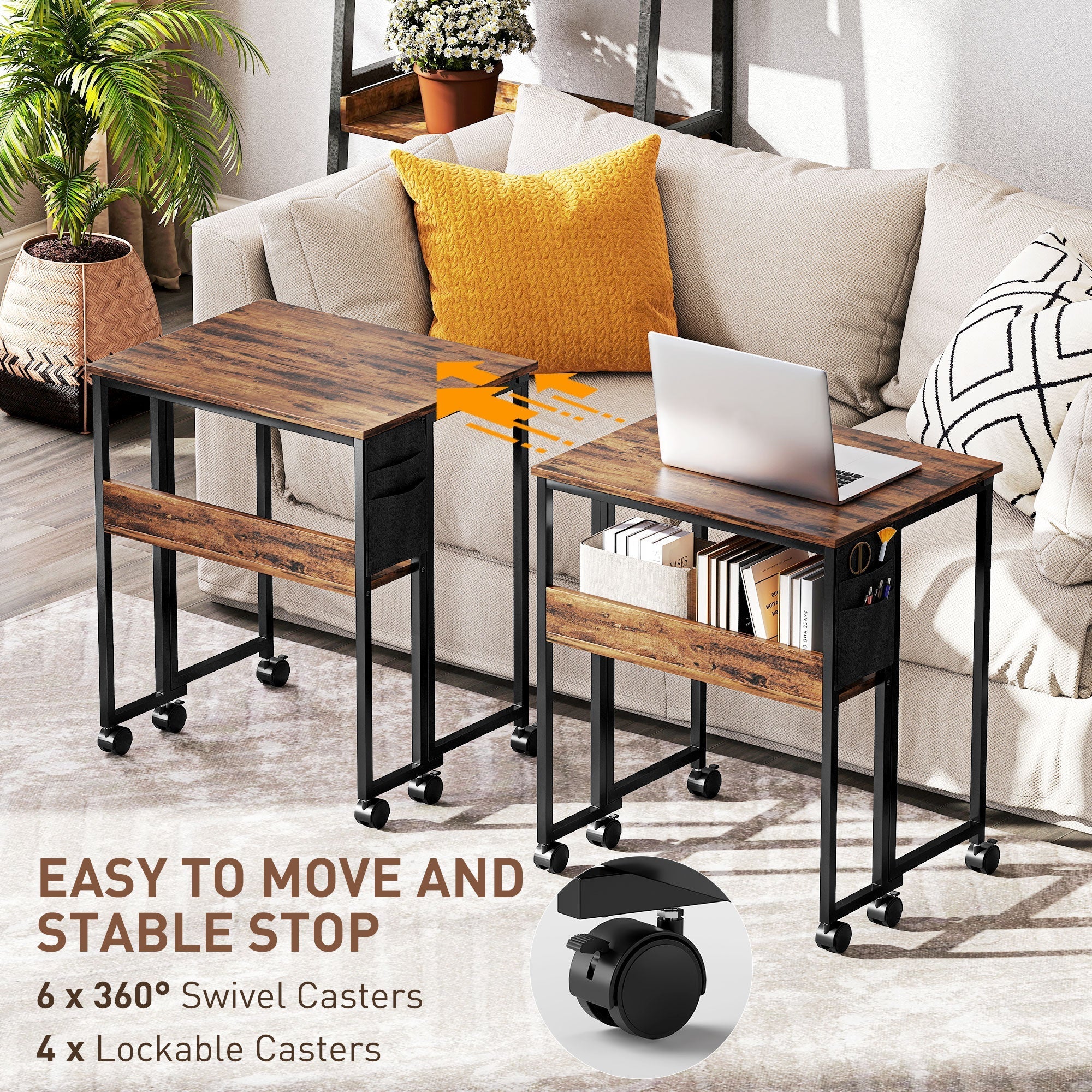 Two rustic brown homcom drop leaf side tables with black metal frame, storage drawers, and a lower shelf bookshelf compartment