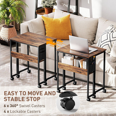 Two rustic brown homcom drop leaf side tables with black metal frame, storage drawers, and a lower shelf bookshelf compartment