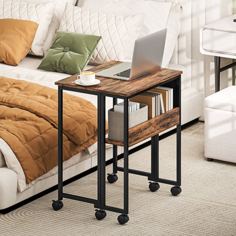 Homcom 63 cm drop leaf writing work desk with rustic wood top black metal frame lower shelf and six 360° swivel casters