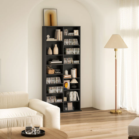 Black homcom 640 cd storage unit made of particle board with multiple shelves and anti-tipping straps for safety