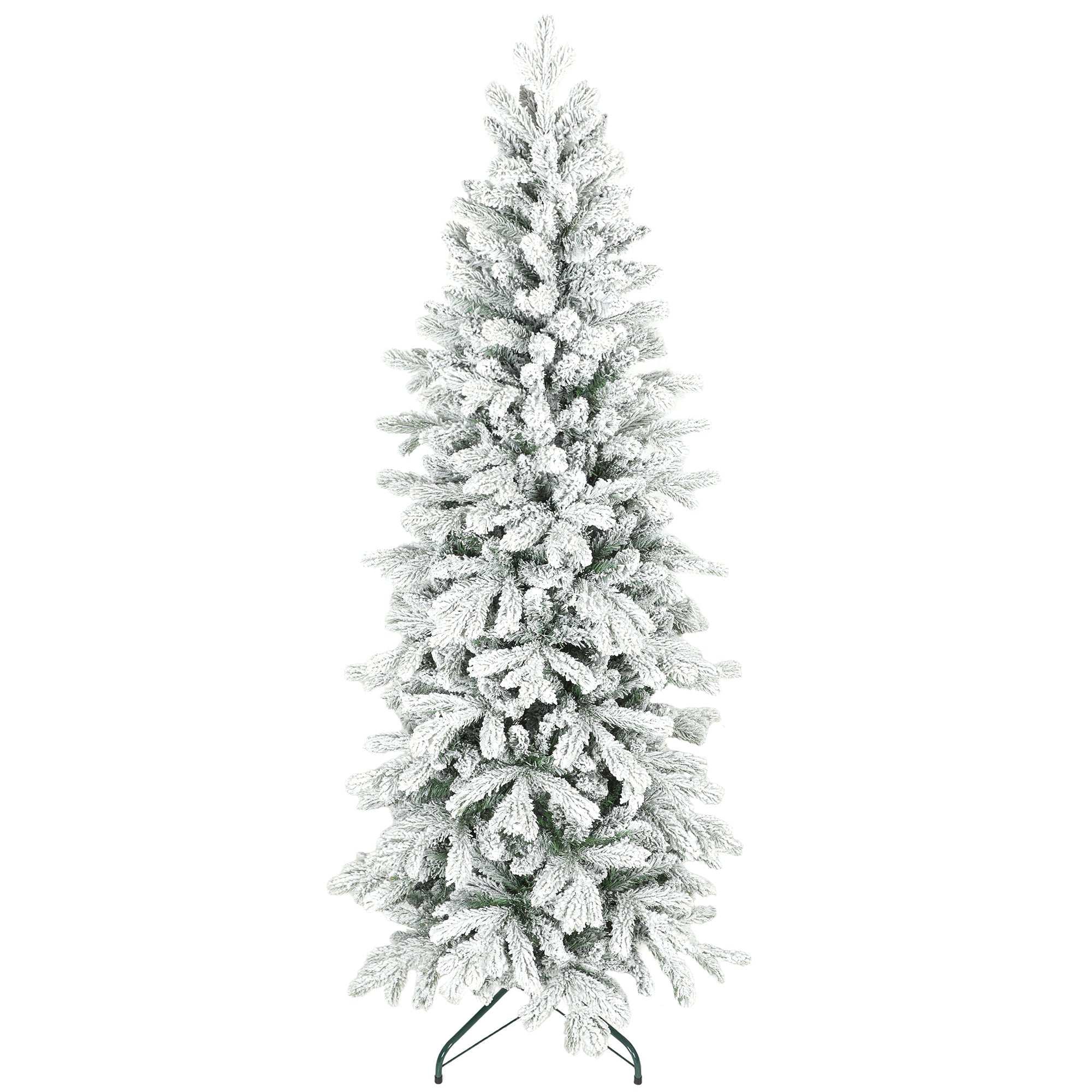 Homcom 6ft flocked artificial christmas tree with frost-covered dense branches that mimic real branches on black stand