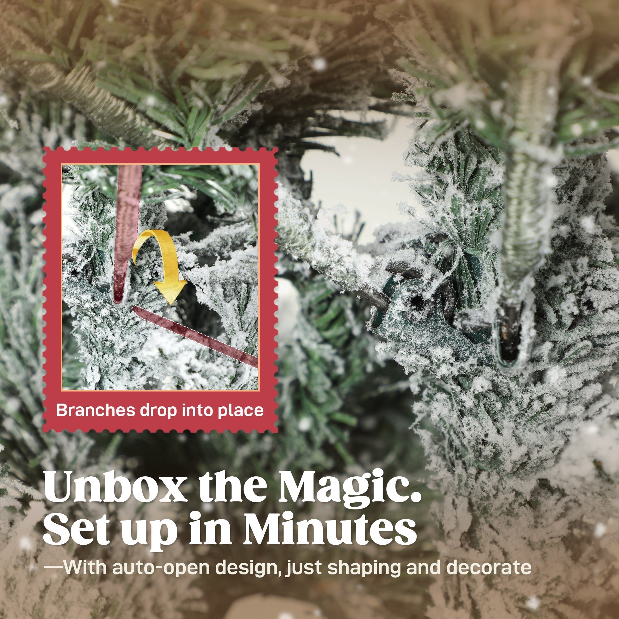 Frost-covered branches of homcom 6ft flocked artificial christmas tree with red and yellow inset showing how to attach them