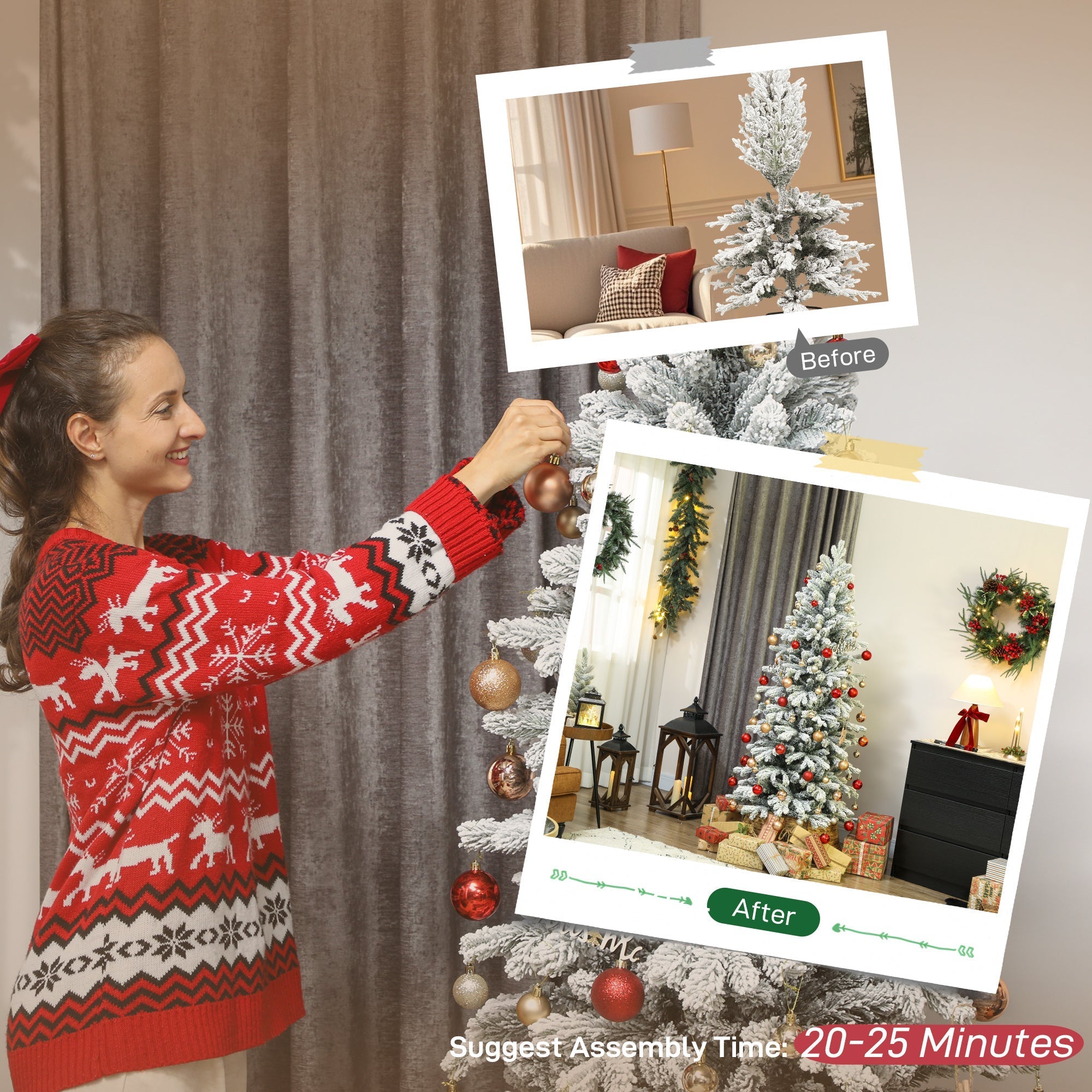 Frosted white homcom 6ft artificial christmas tree with red gold ornaments designed to mimic real branches