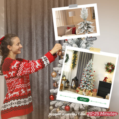 Frosted white homcom 6ft artificial christmas tree with red gold ornaments designed to mimic real branches