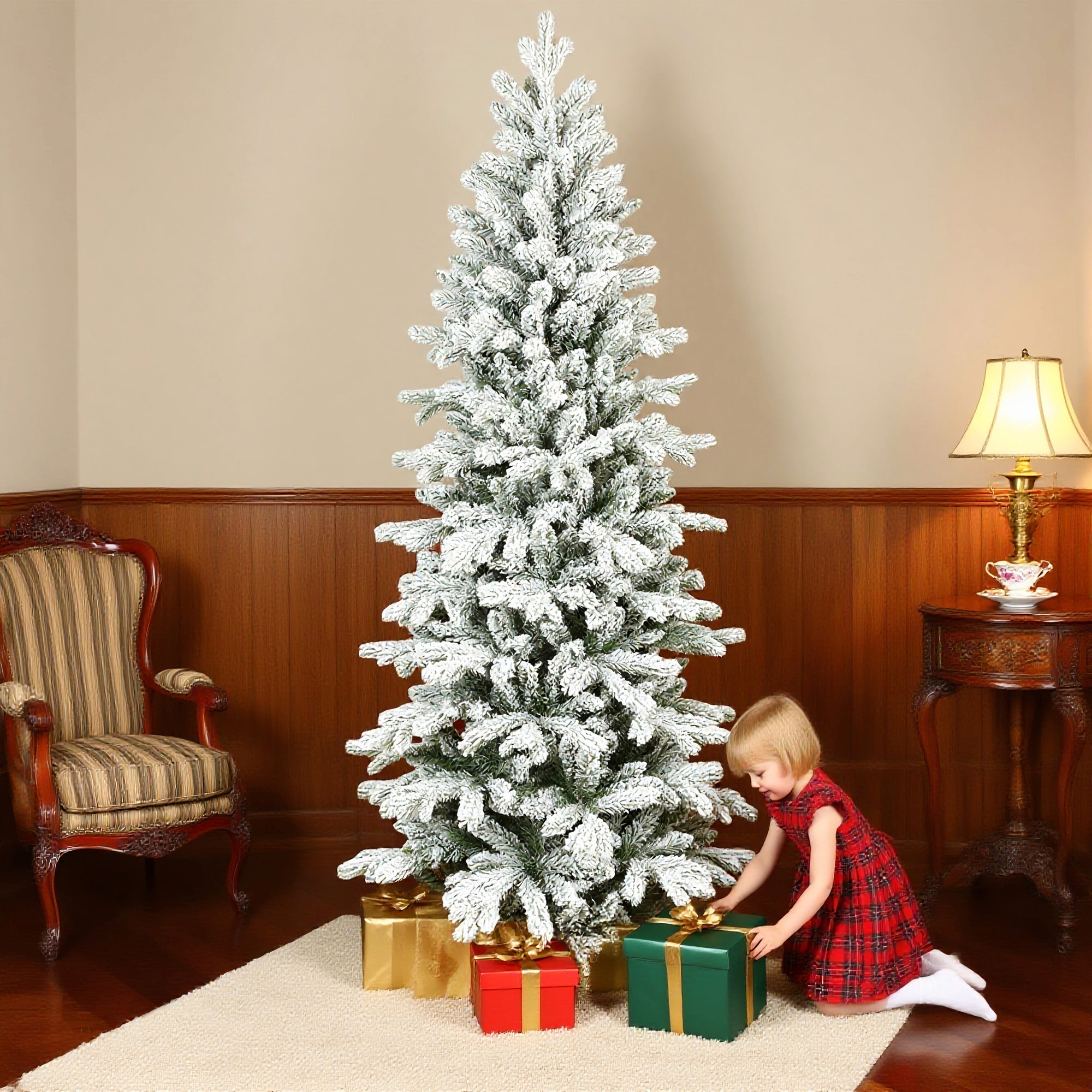 Homcom 6ft flocked artificial christmas tree with frosted green branches that mimic real branches in a classic cone shape