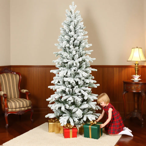 Homcom 6ft flocked artificial christmas tree with frosted green branches that mimic real branches in a classic cone shape