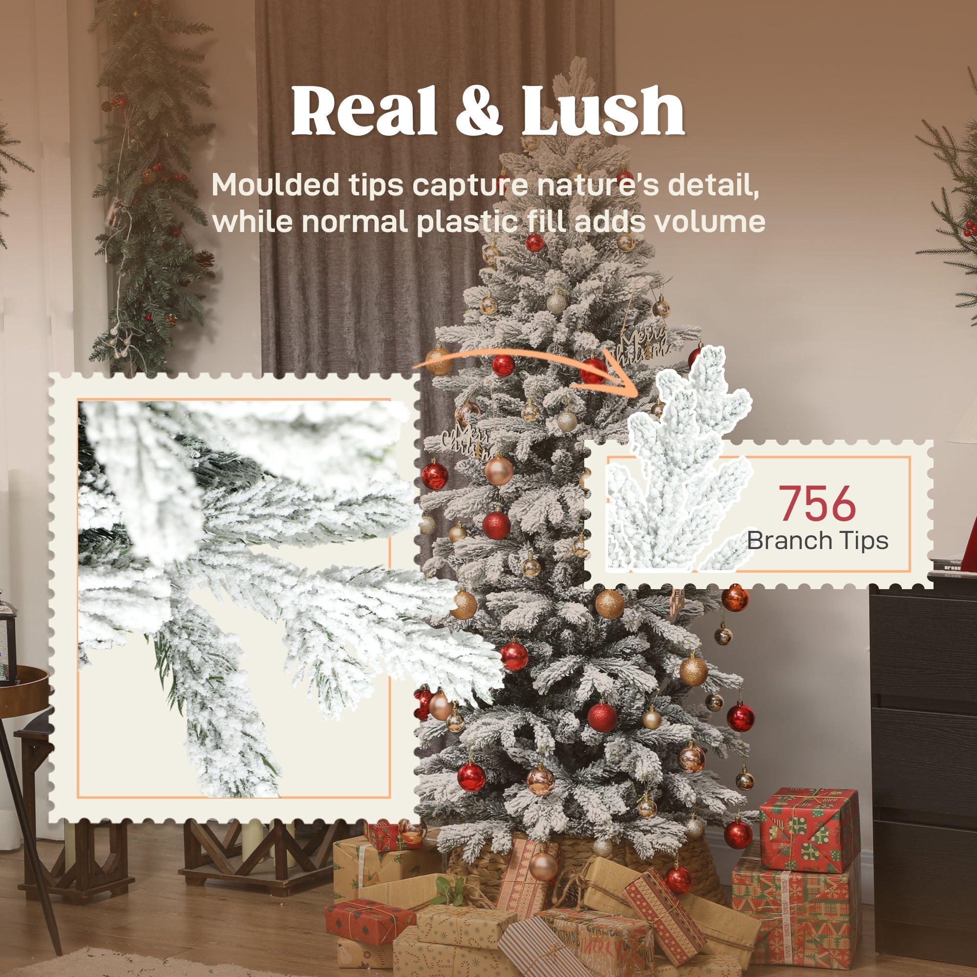 Frosted homcom 6ft artificial christmas tree with 756 molded branch tips and red gold ornaments mimic real branches