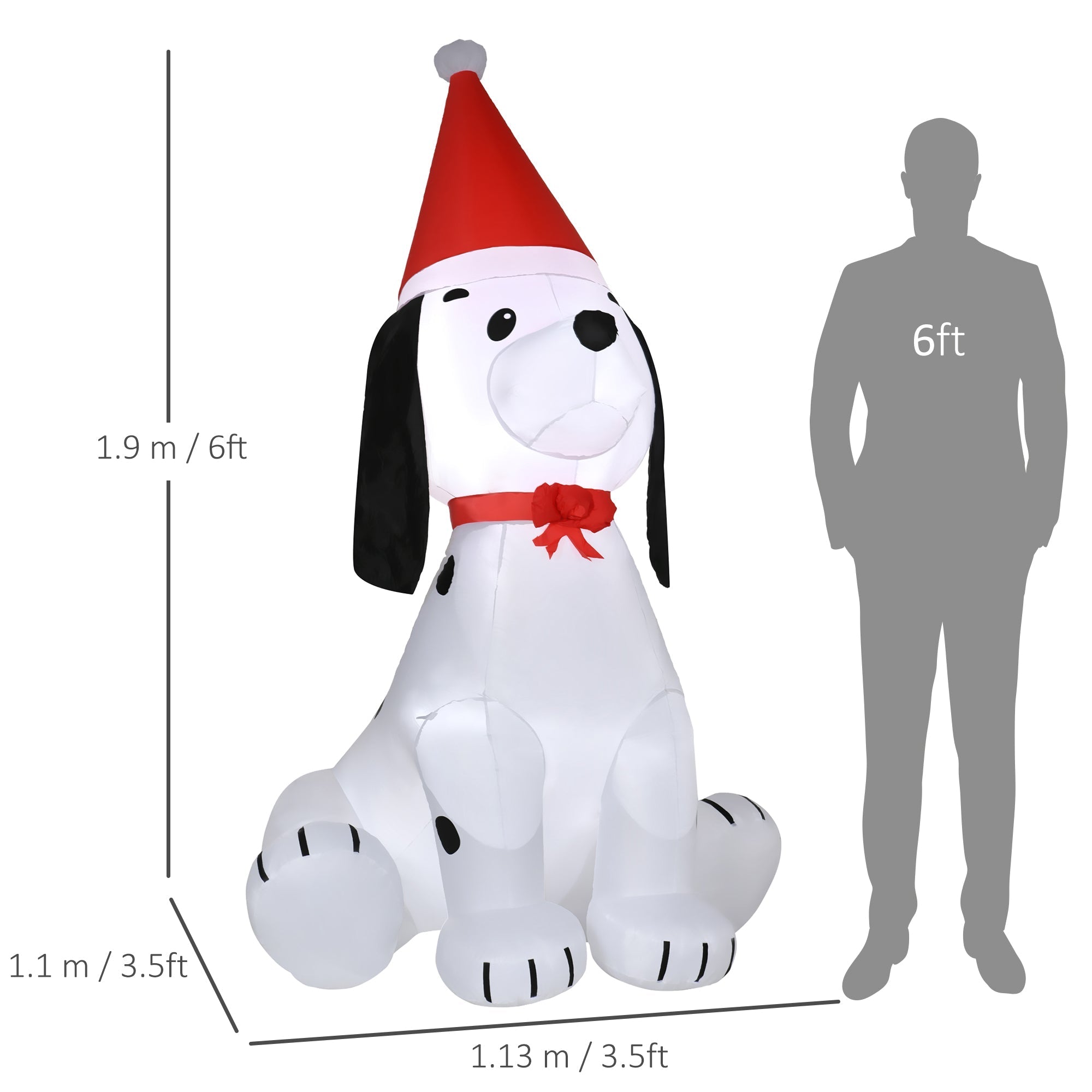 Inflatable white and black christmas puppy dog wearing red santa hat and bow made of resistant polyester cloth for indoor outdoor use