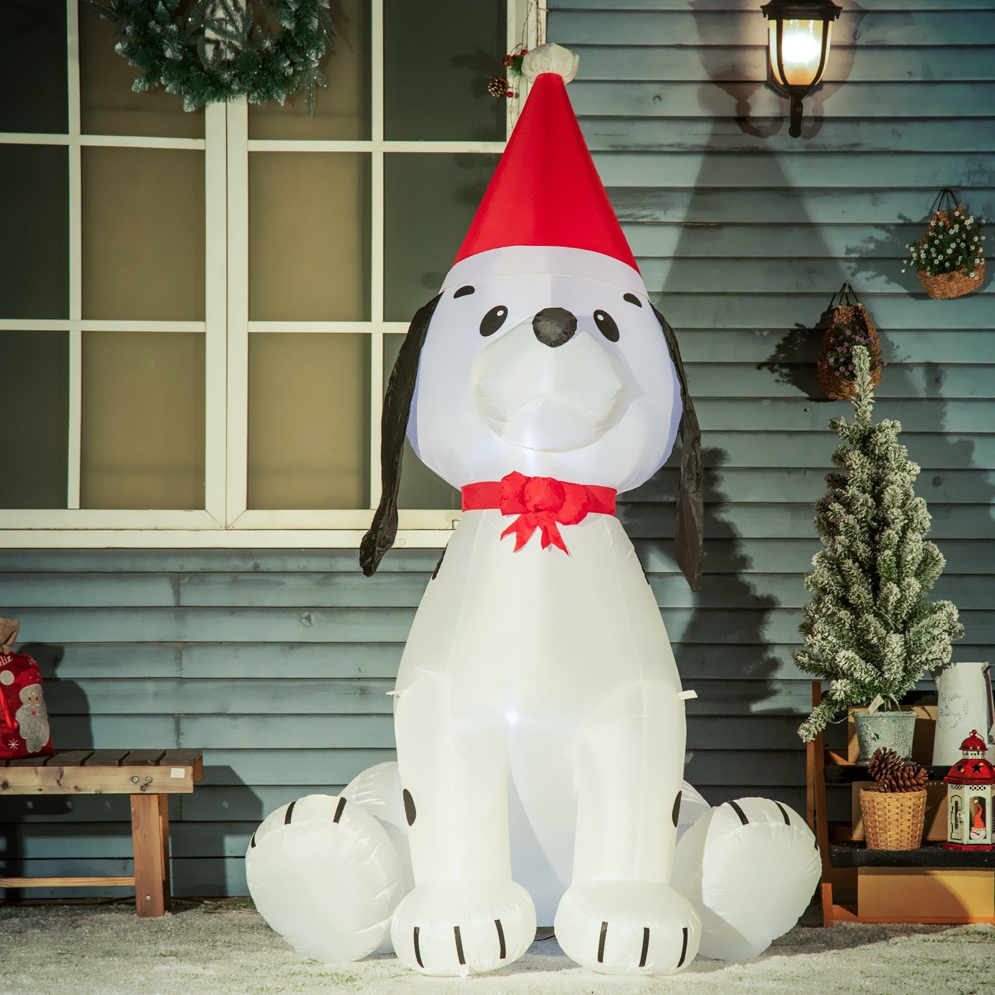 Homcom 6ft inflatable white snoopy puppy dog wearing red party hat and bow tie made of water resistant polyester cloth for holiday decor
