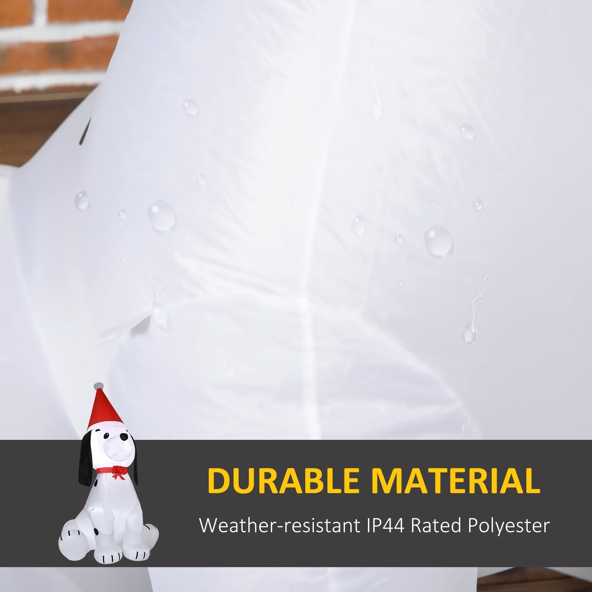 White inflatable christmas puppy dog decoration with red party hat made of resistant polyester cloth for indoor outdoor use