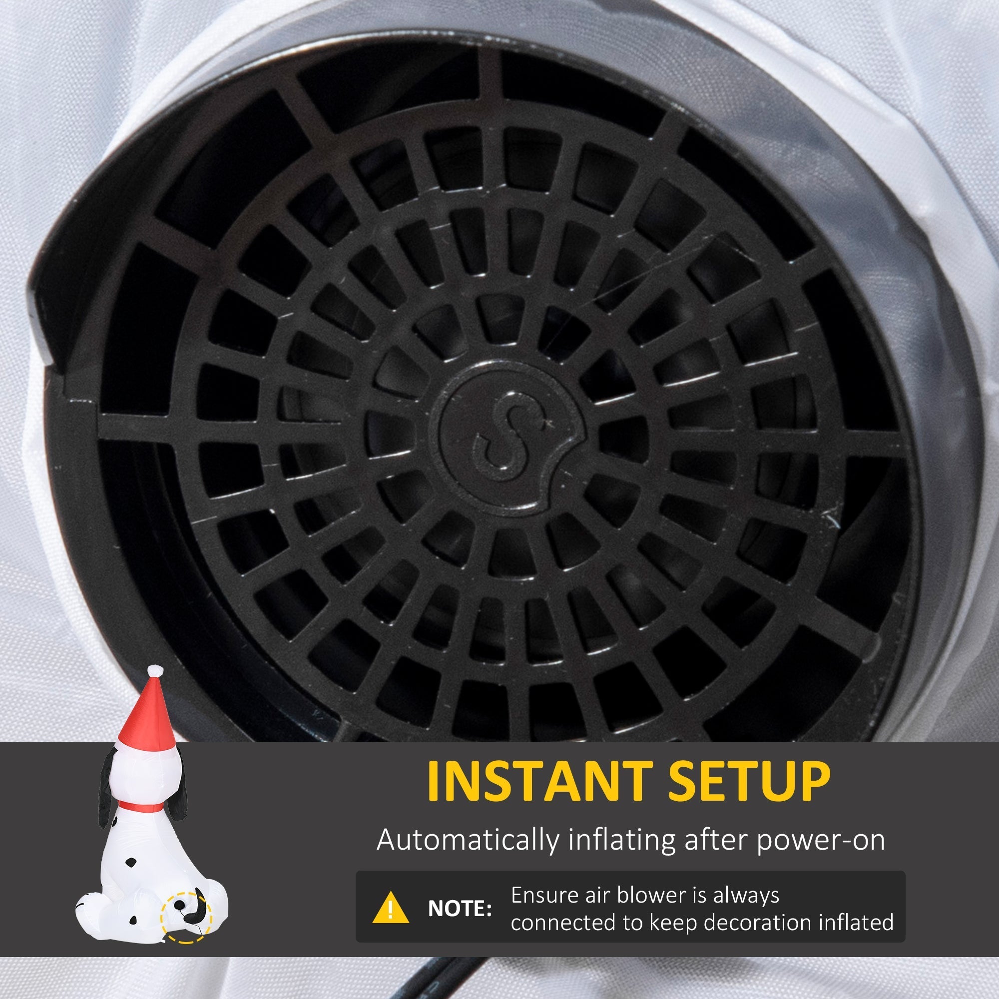 Black plastic fan grille with central logo set in white water resistant polyester cloth housing for homcom inflatable christmas puppy