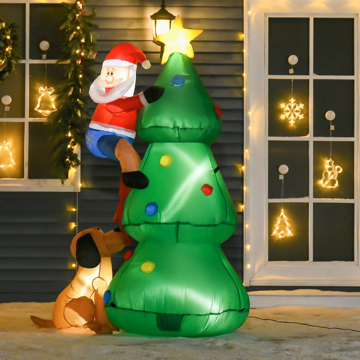 Green inflatable polyester cloth christmas tree with led light star santa claus and dog for indoor outdoor decor