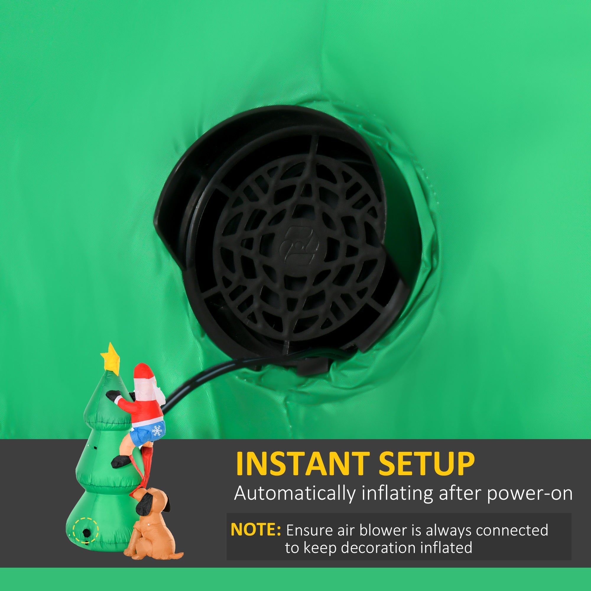 Black circular air blower with mesh grille attached to the green polyester cloth inflatable christmas tree with led light and santa claus
