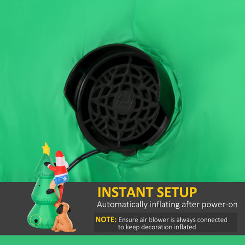 Black circular air blower with mesh grille attached to the green polyester cloth inflatable christmas tree with led light and santa claus