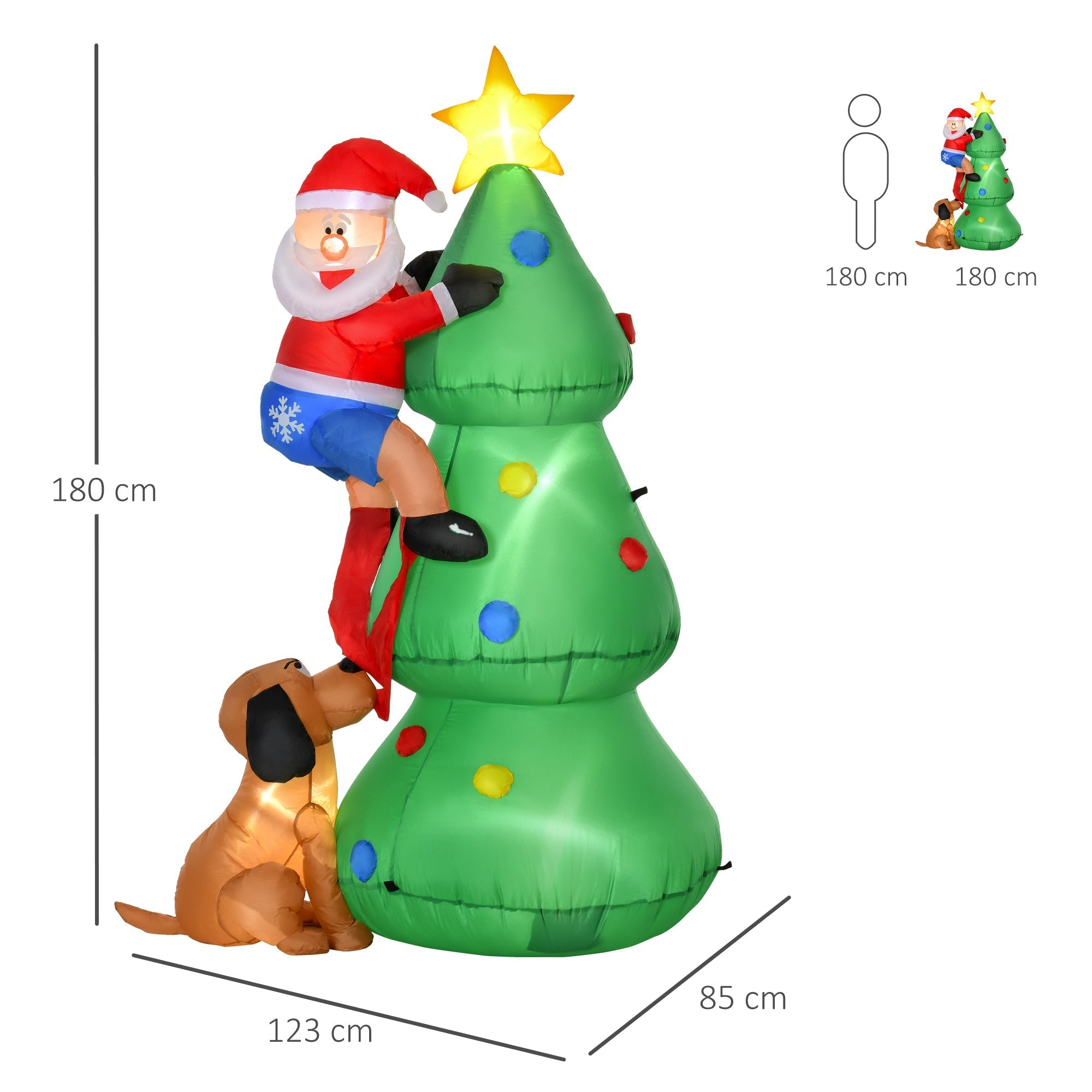 Homcom 6ft green inflatable christmas tree made of polyester cloth with led light and santa claus climbing with dog