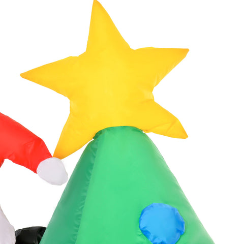Bright yellow star atop a green polyester cloth inflatable christmas tree with led light and santa claus dog decor