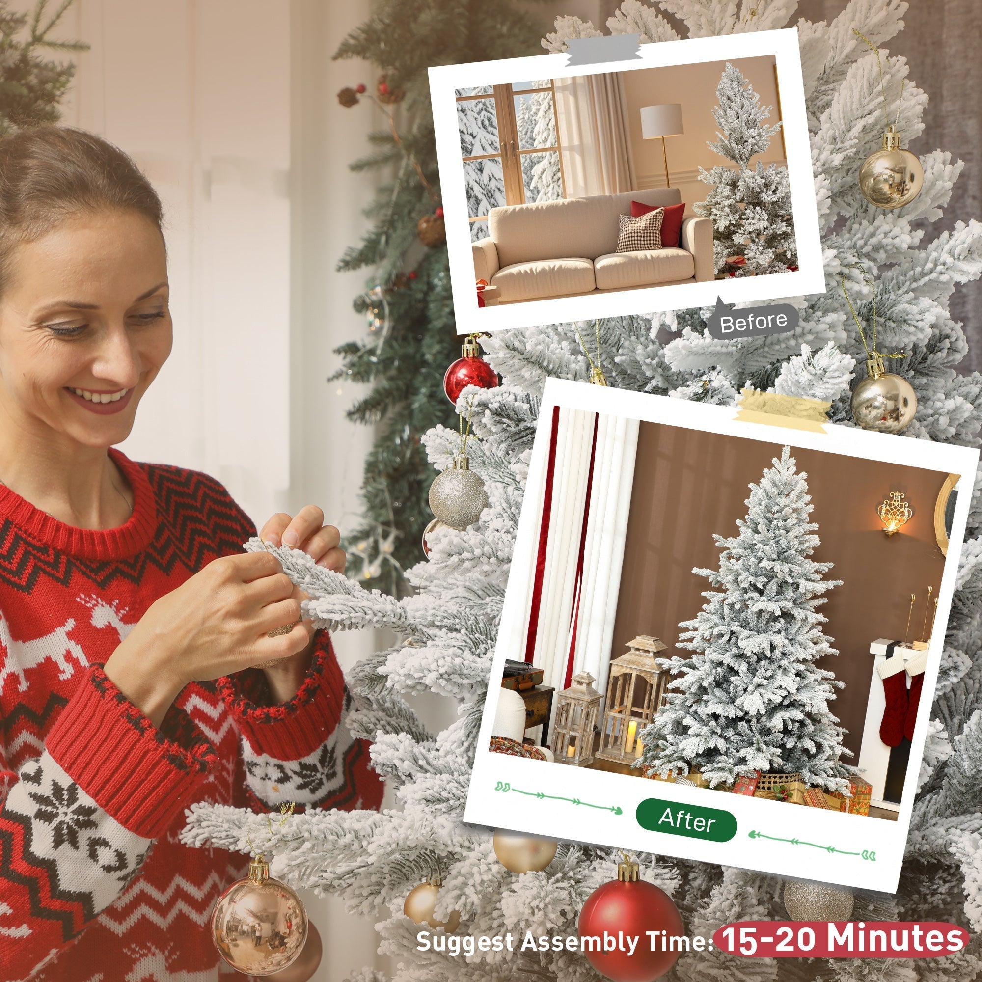 Frosted white homcom 6ft snow flocked artificial christmas tree decorated with gold and red ornaments