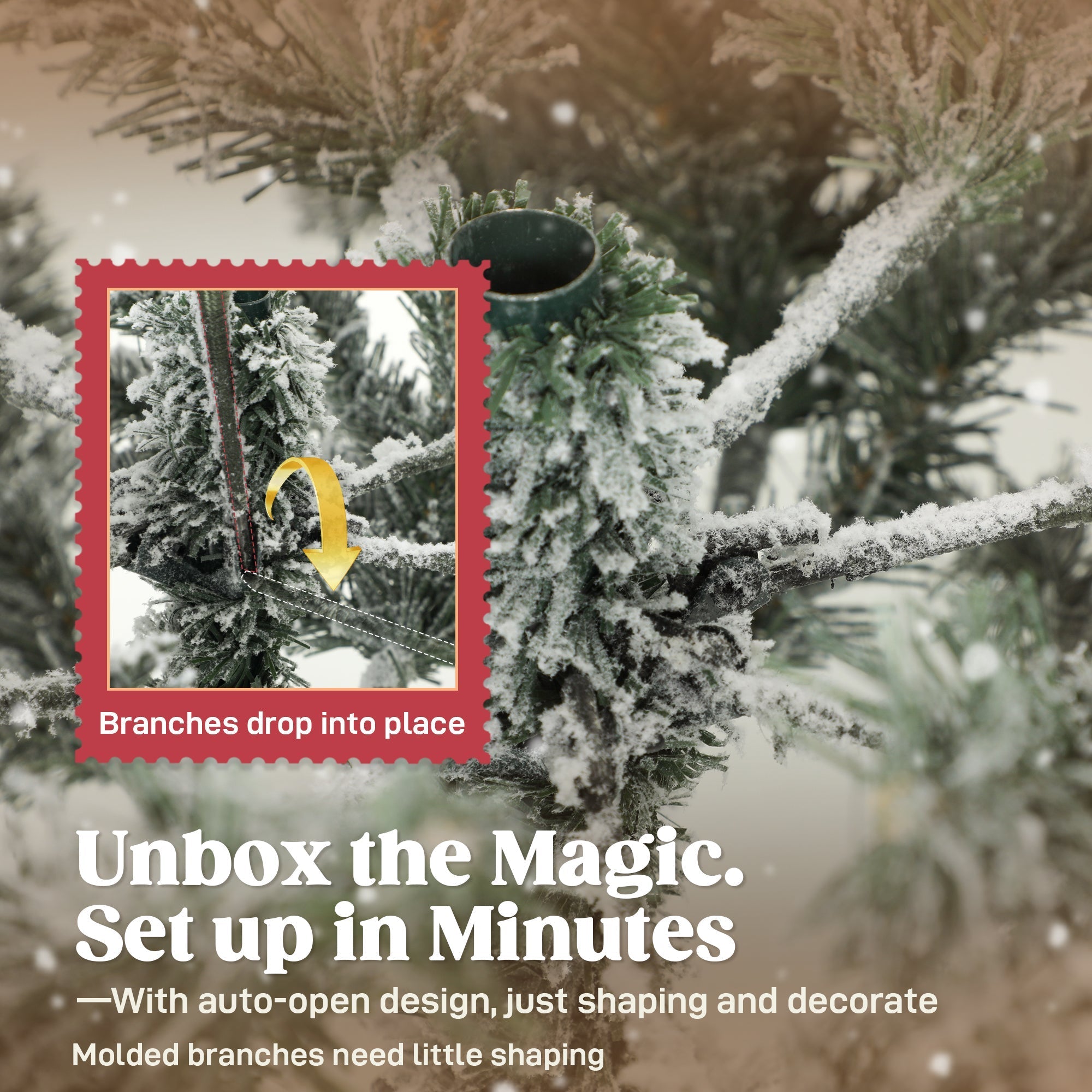 Frost-covered branches of homcom 6ft snow flocked artificial christmas tree with green plastic connector and lifelike design