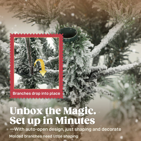 Frost-covered branches of homcom 6ft snow flocked artificial christmas tree with green plastic connector and lifelike design