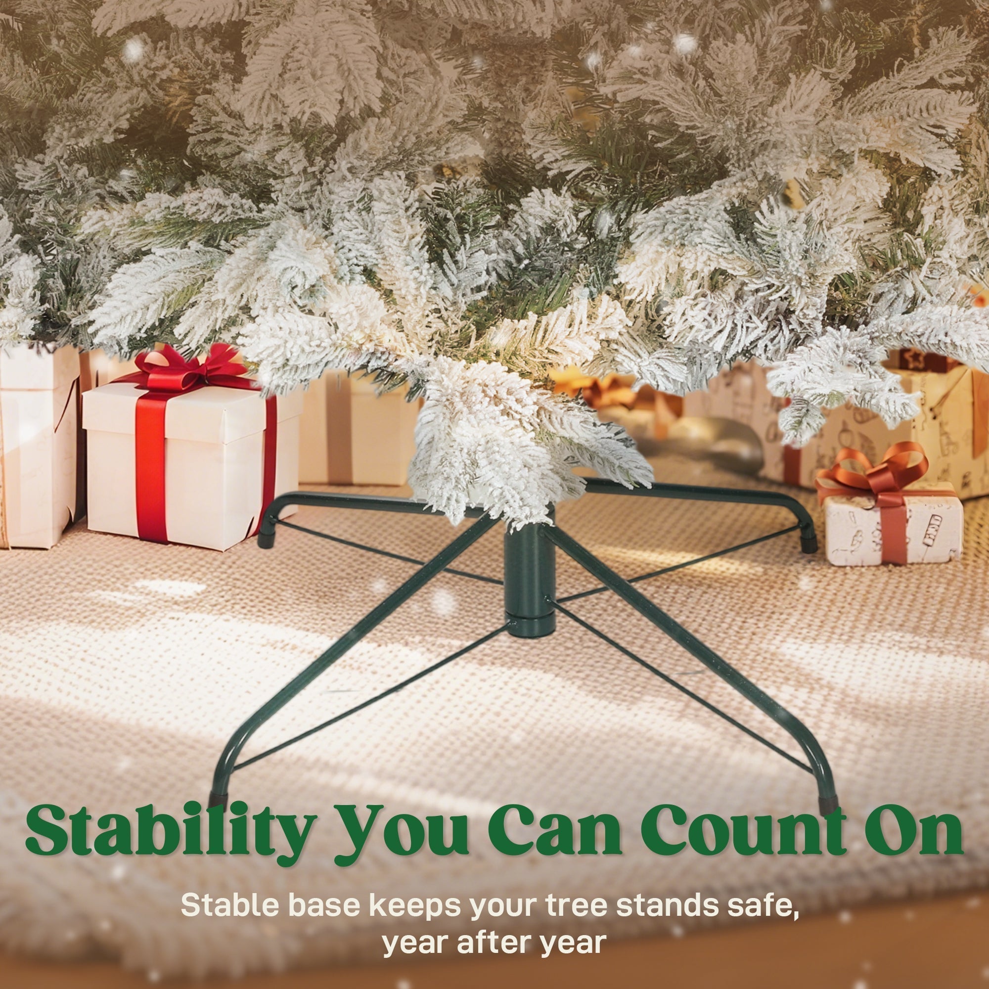 Green metal tree stand with stable four-legged design for homcom 6ft snow flocked christmas tree lifelike design