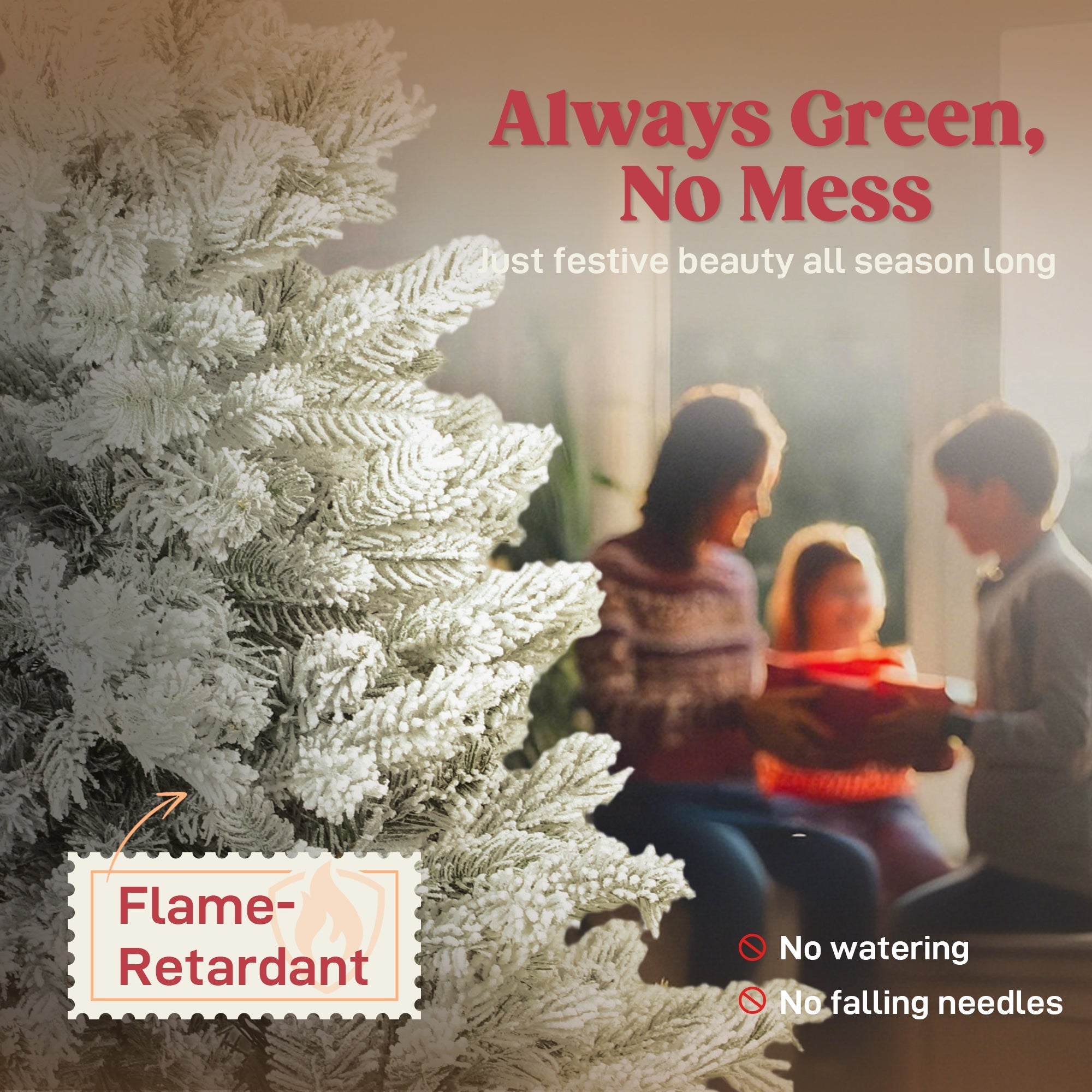 Frost-covered homcom 6ft snow flocked artificial christmas tree with green branches and white snowy coating