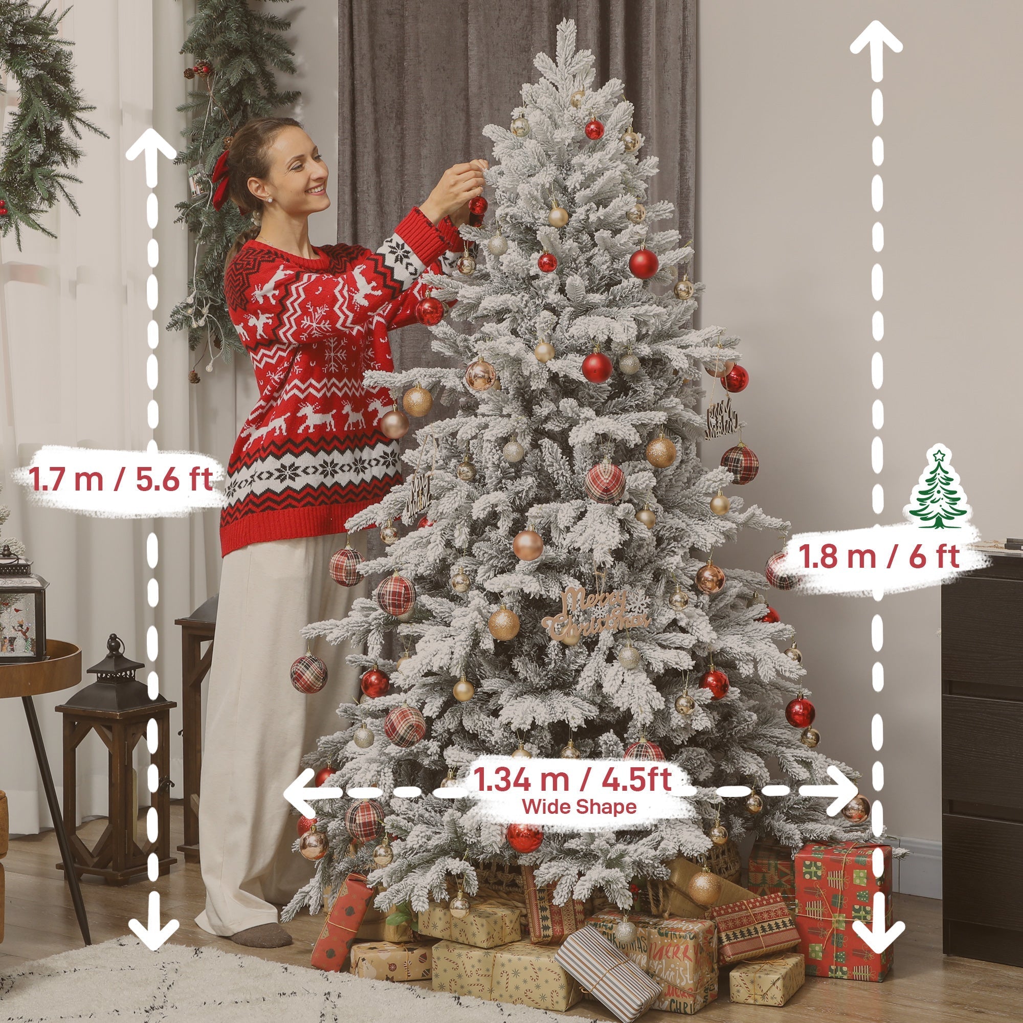 Homcom 6ft lifelike design frosted white artificial christmas tree decorated with red and gold ornaments