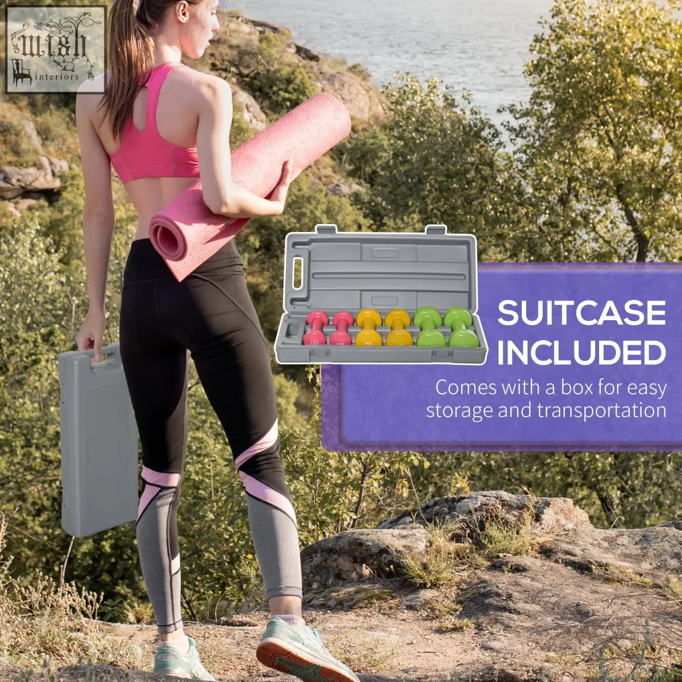 Gray plastic suitcase with built-in compartment holding a homcom dumbbell set of three pairs in bright colours