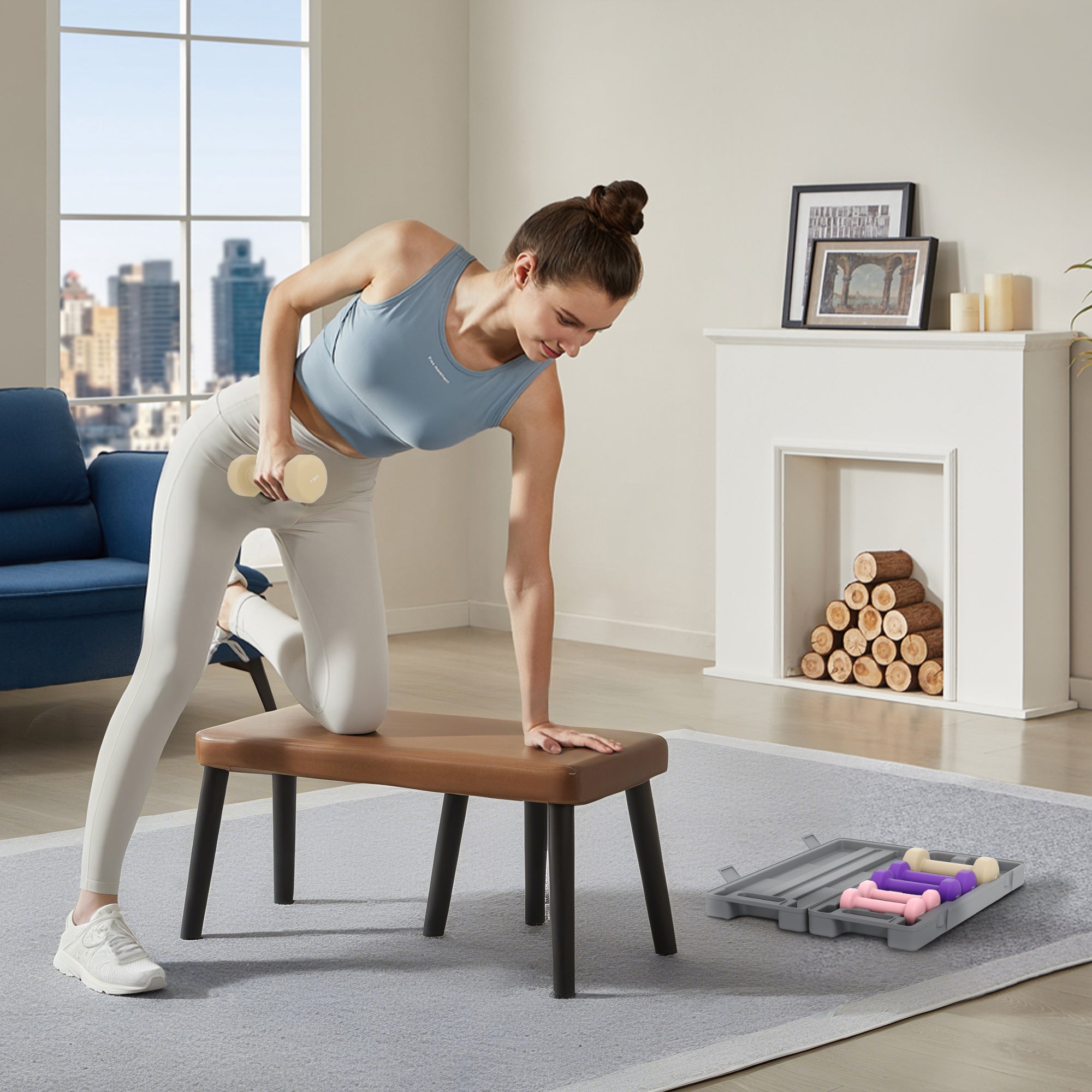 Brown padded exercise bench with black legs paired with homcom dumbbell set three pairs with easy-to-read numbers