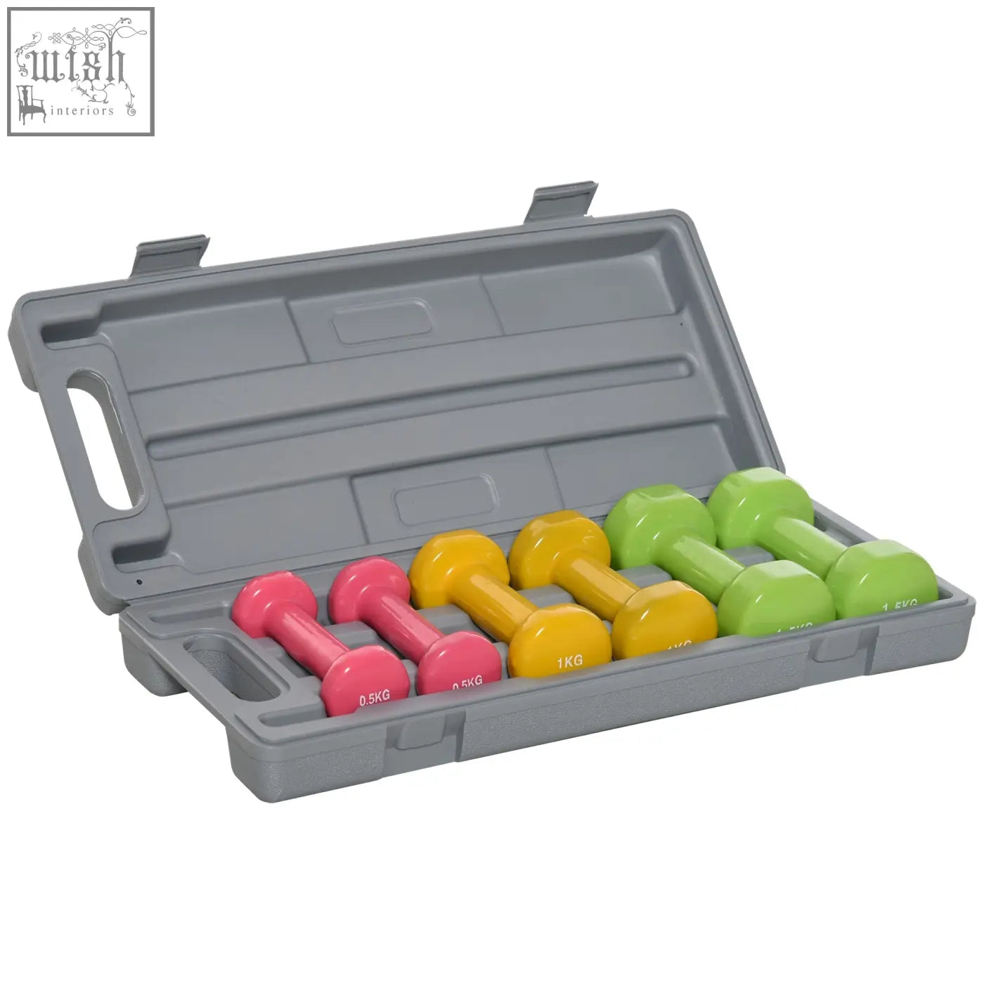 Set of colorful plastic three pairs dumbbell set in a gray case for home gym workout by HOMCOM