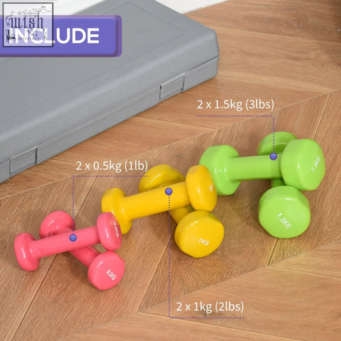 Homcom dumbbell set with three pairs in bright colours pink yellow and green perfect for home gym workouts