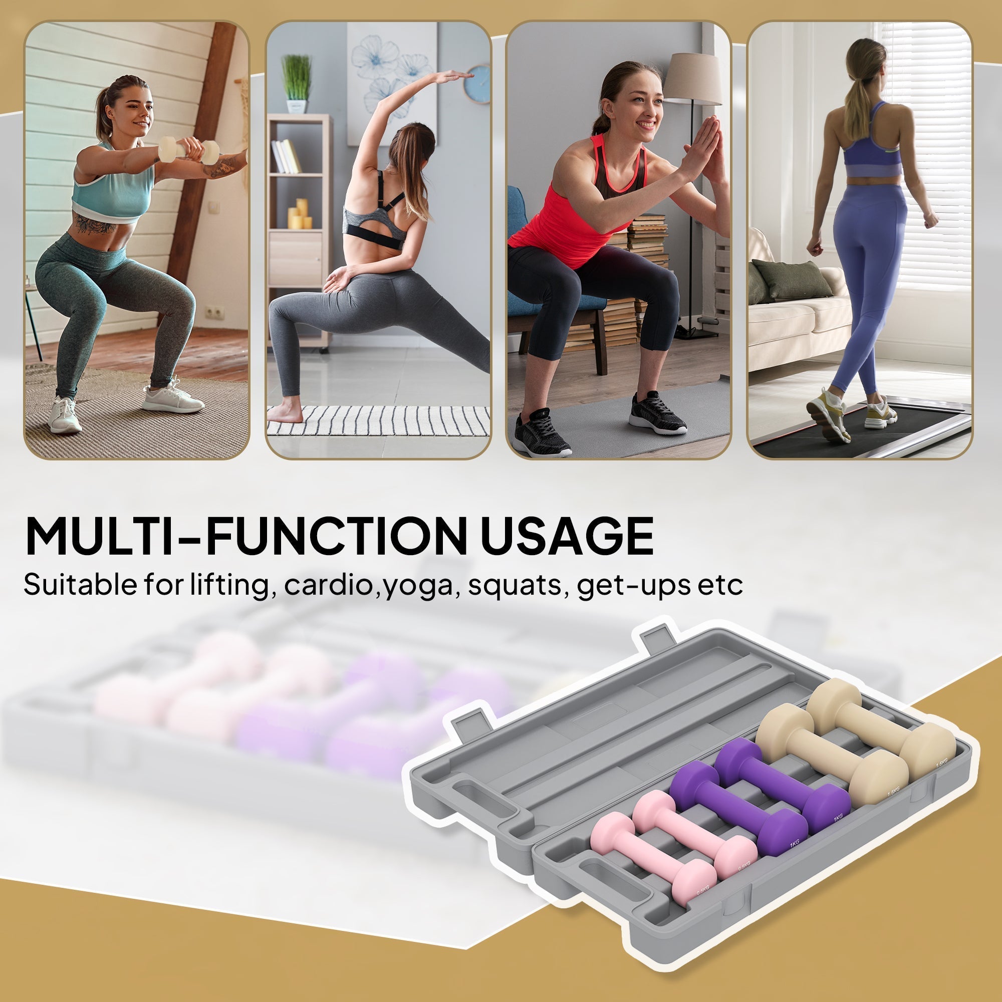 Homcom dumbbell set with three pairs of colorful plastic weights in pink purple and brown with easy-to-read numbers in gray case
