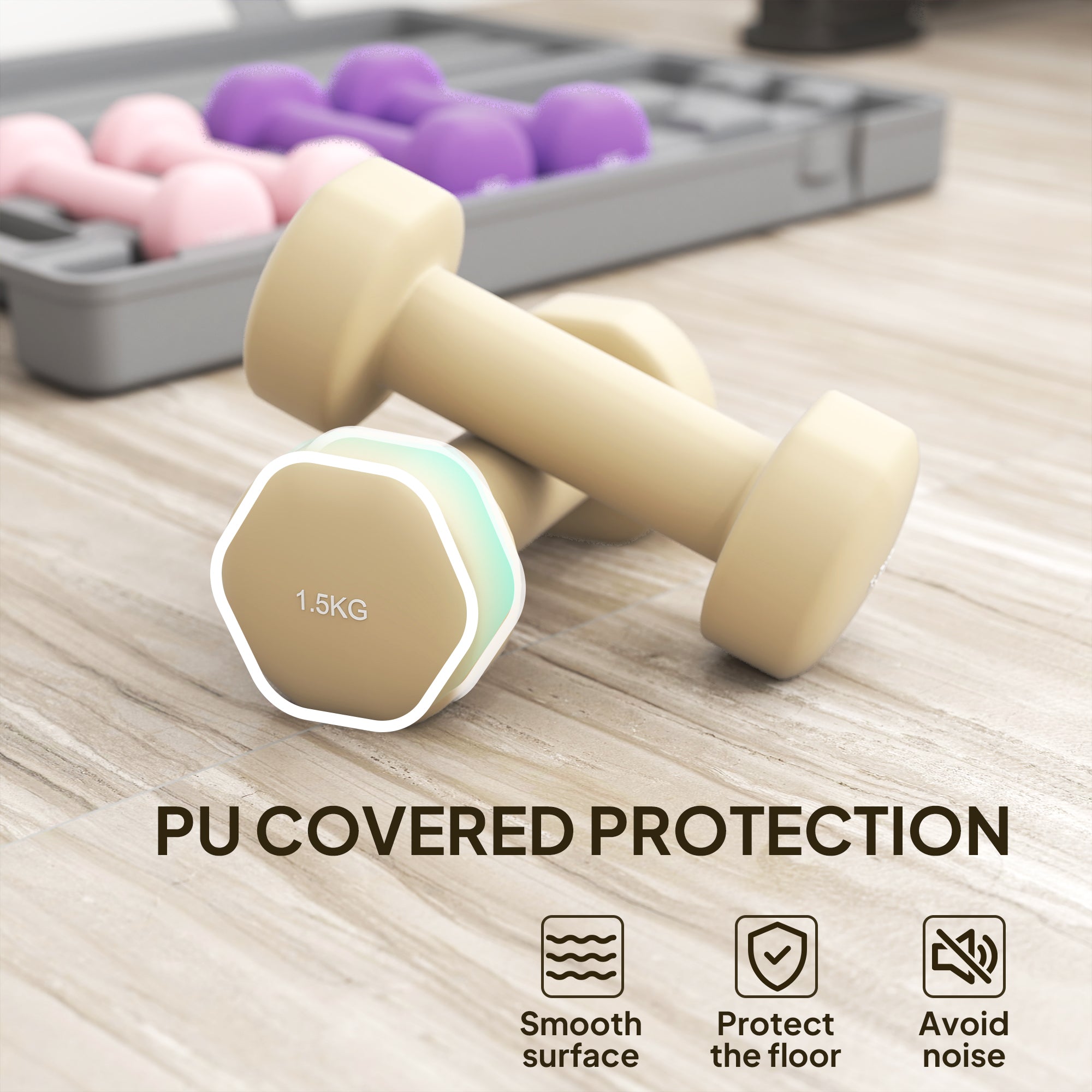 Beige pu dumbbell with hexagonal end 1.5kg for floor protection from homcom bright colours dumbbell set three pairs