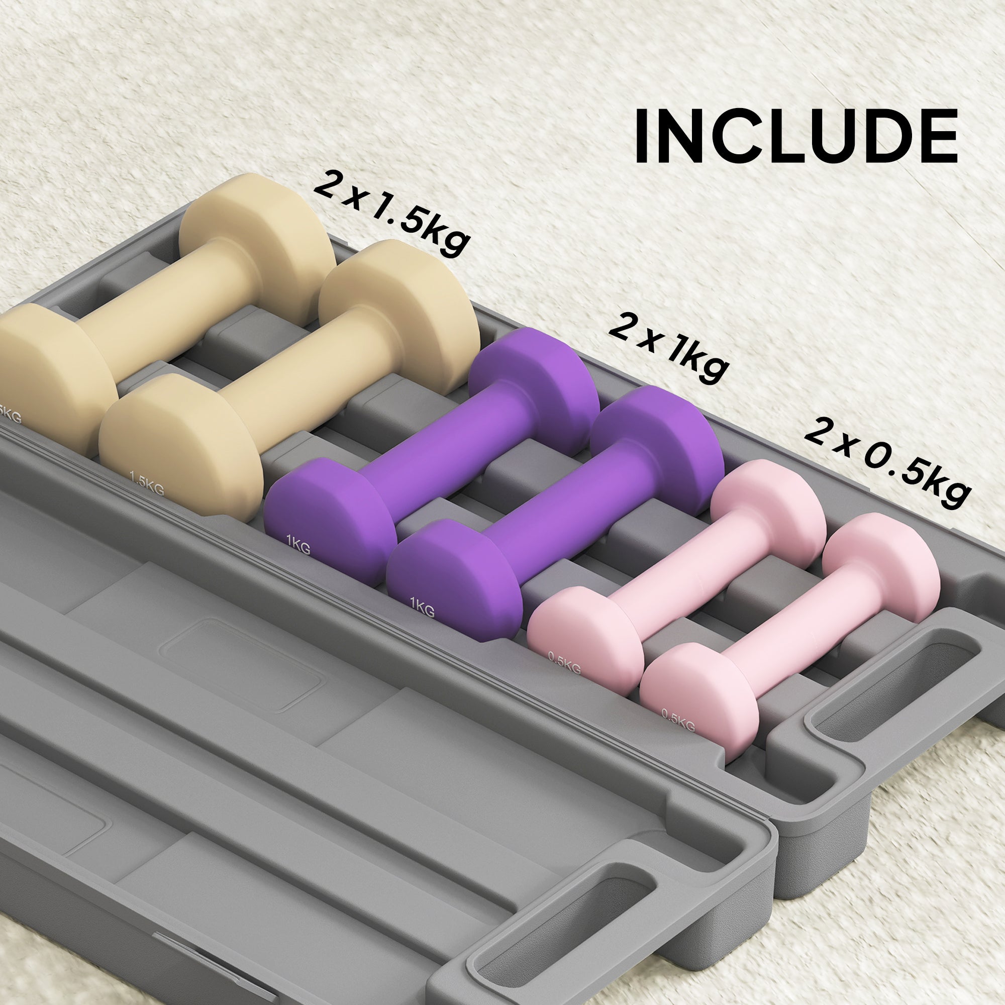 Set of four colorful foam-handled dumbbells in beige purple and pink with easy-to-read numbers in gray case
