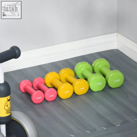 Homcom dumbbell set with three pairs of bright colours pink yellow and green for home gym workouts