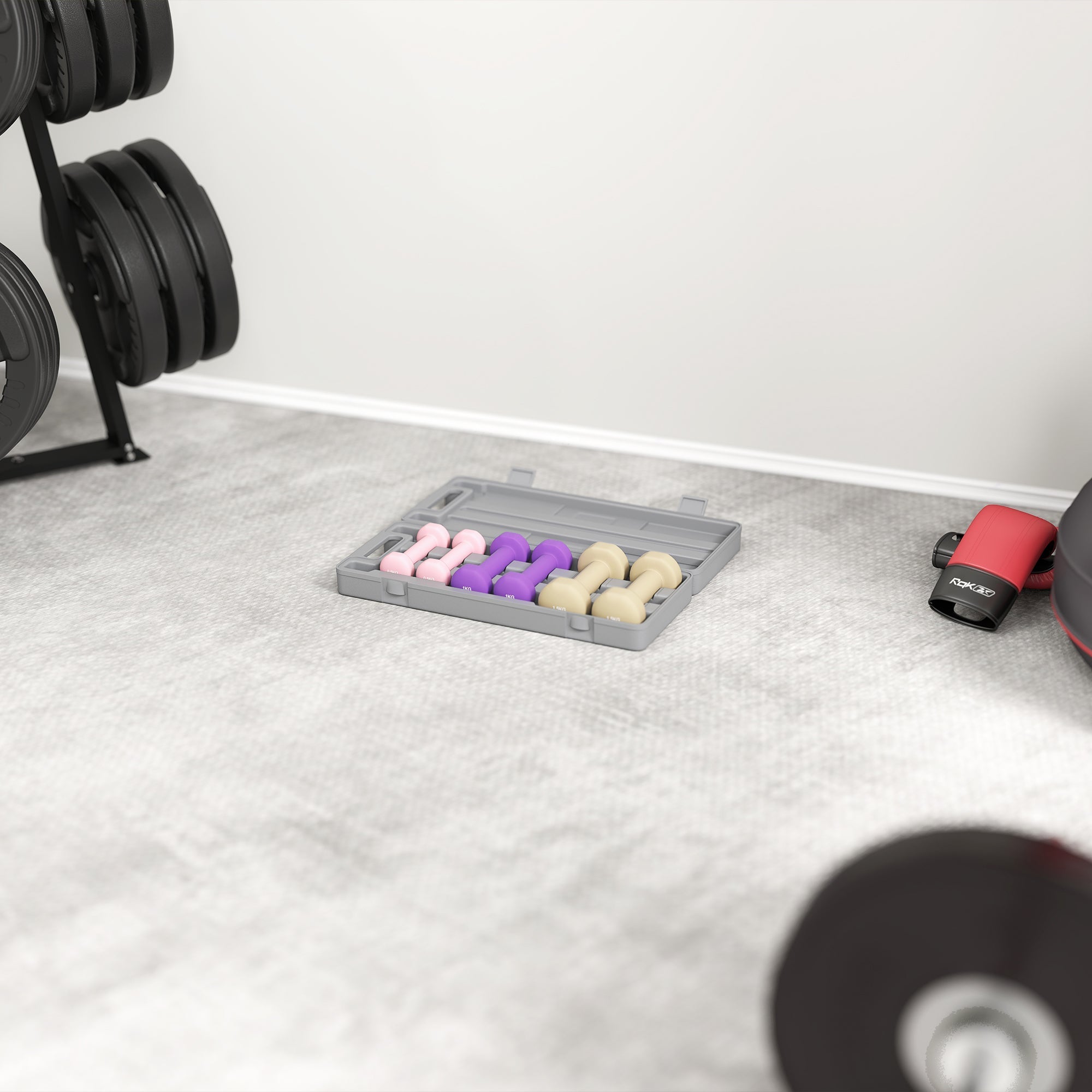 Gray plastic dumbbell set tray holding three pairs of bright colours pink purple and beige hand weights for home gym