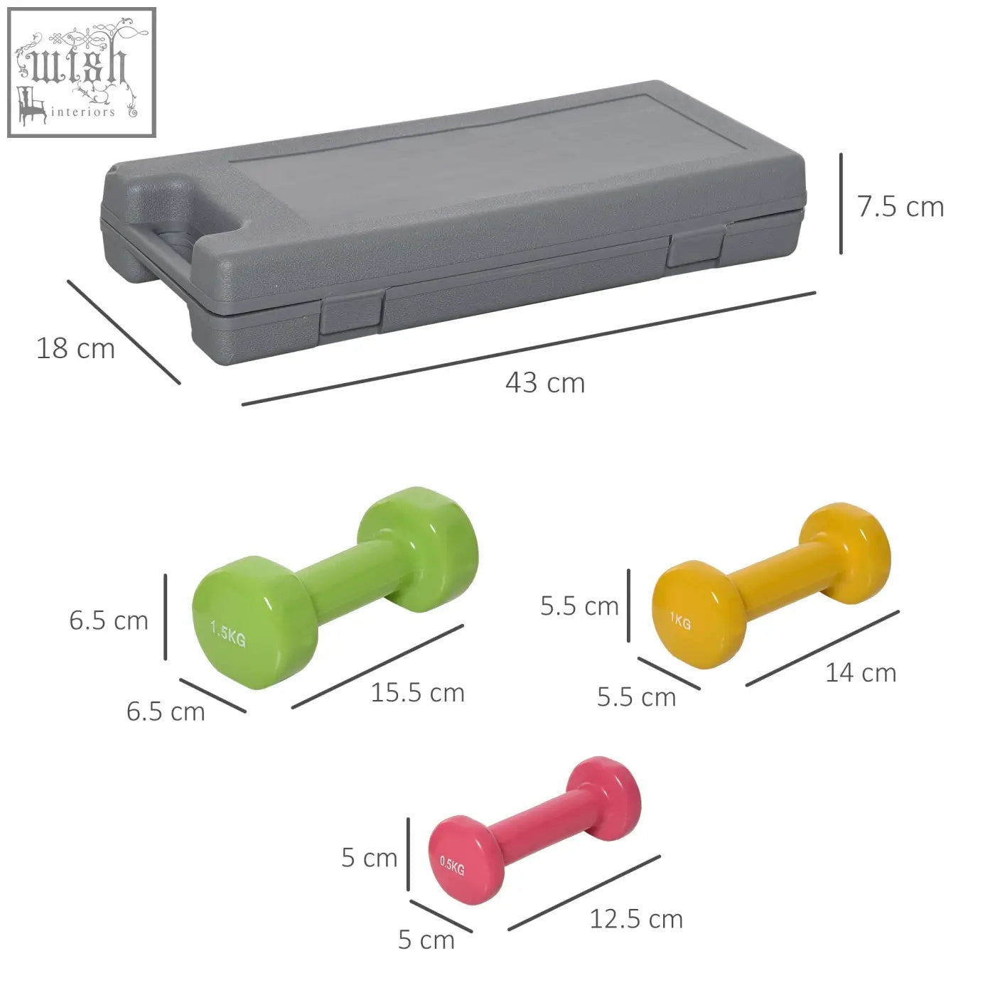 Gray plastic storage case with homcom dumbbell set featuring three pairs of bright colours for home gym workouts