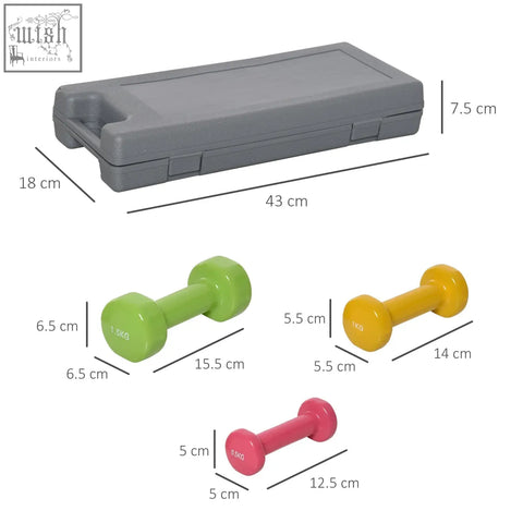 Gray plastic storage case with homcom dumbbell set featuring three pairs of bright colours for home gym workouts