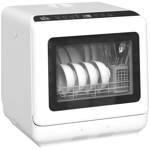 Homcom 6l white compact tabletop dishwasher with black control panel holds place settings and handles fruit wash at 70°c temperature