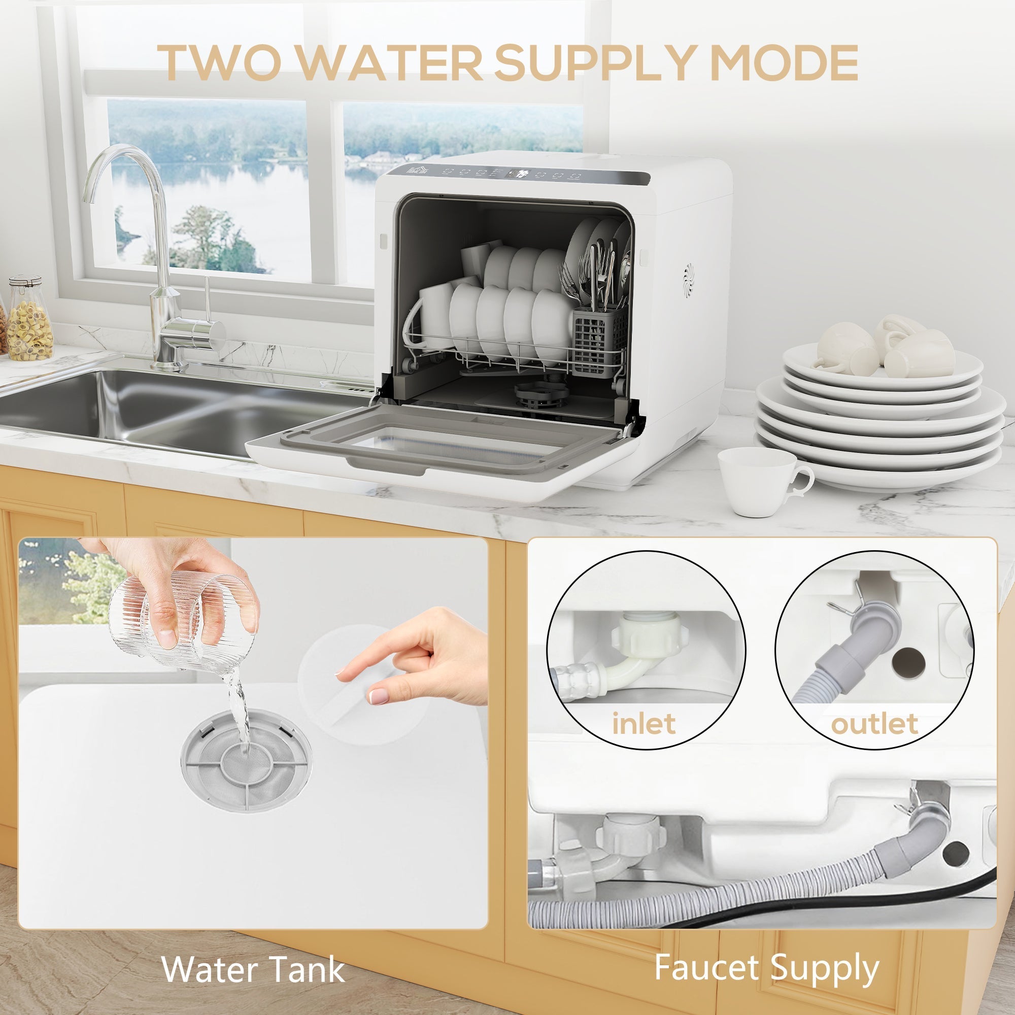 White homcom 6l tabletop dishwasher with open door showing white dishes for 6 place settings and 70°c fruit wash mode