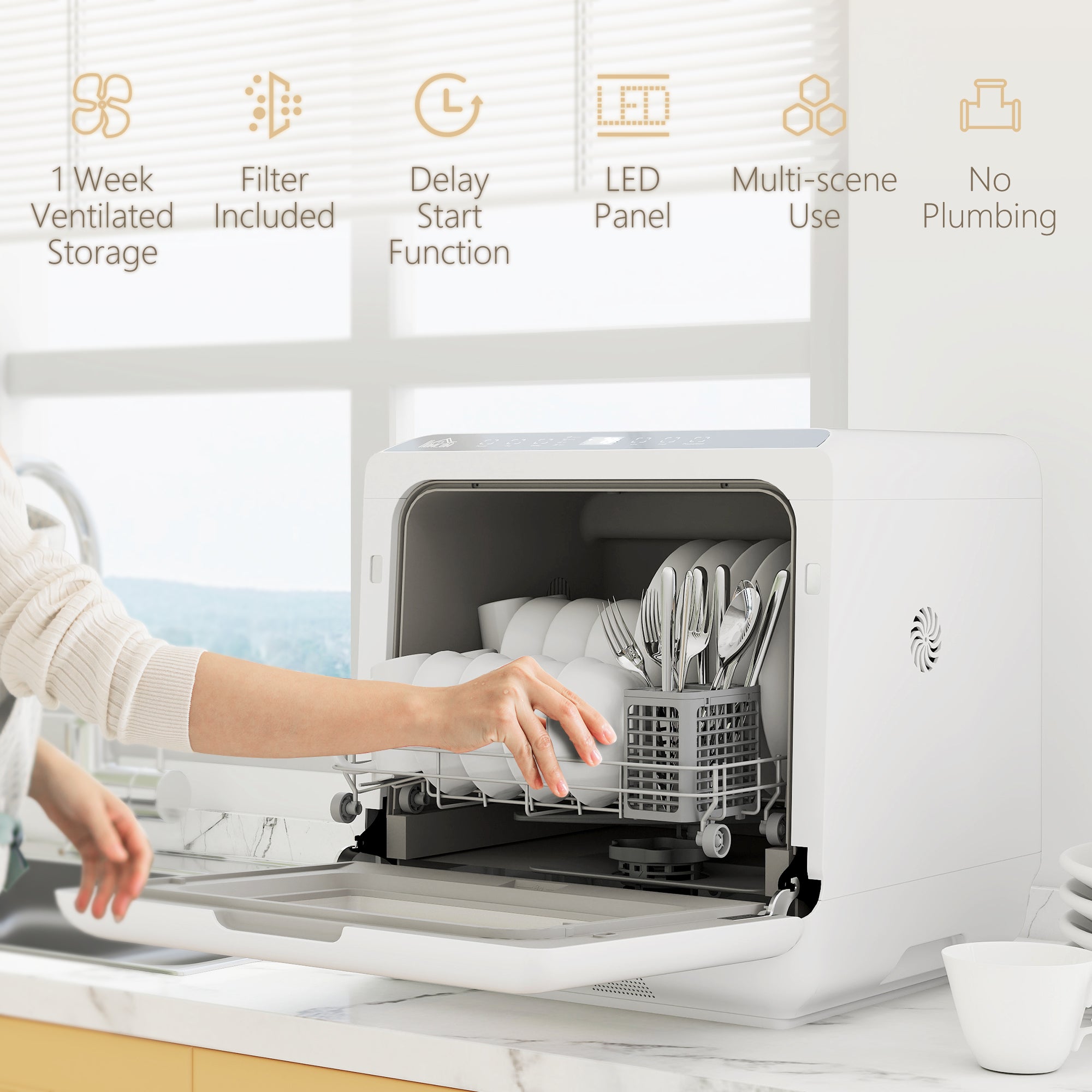 White homcom 6l tabletop dishwasher with led panel offers five modes including fruit wash and 70°c temperature for place settings